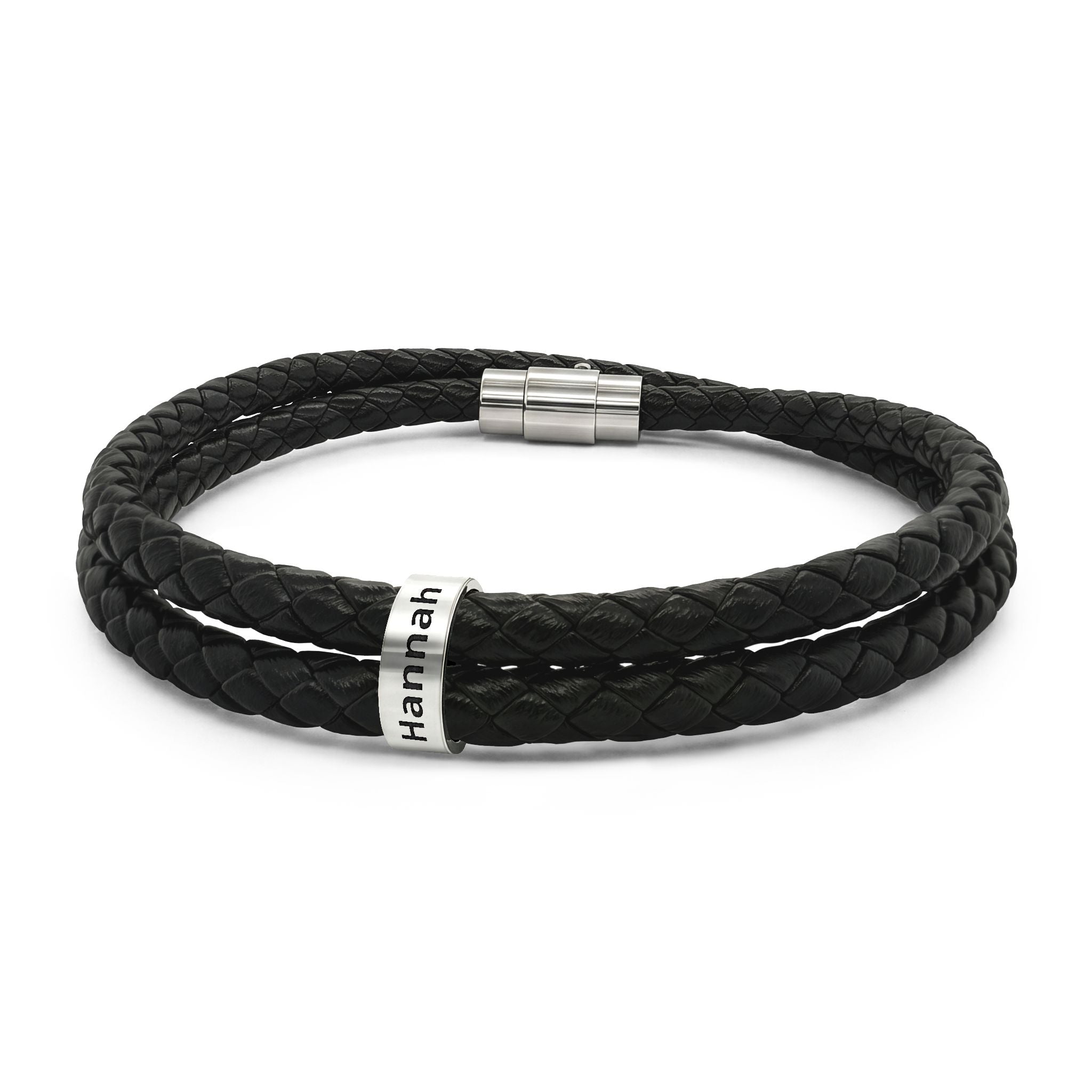 Personalized leather bracelet with engraved name bead on black braided leather