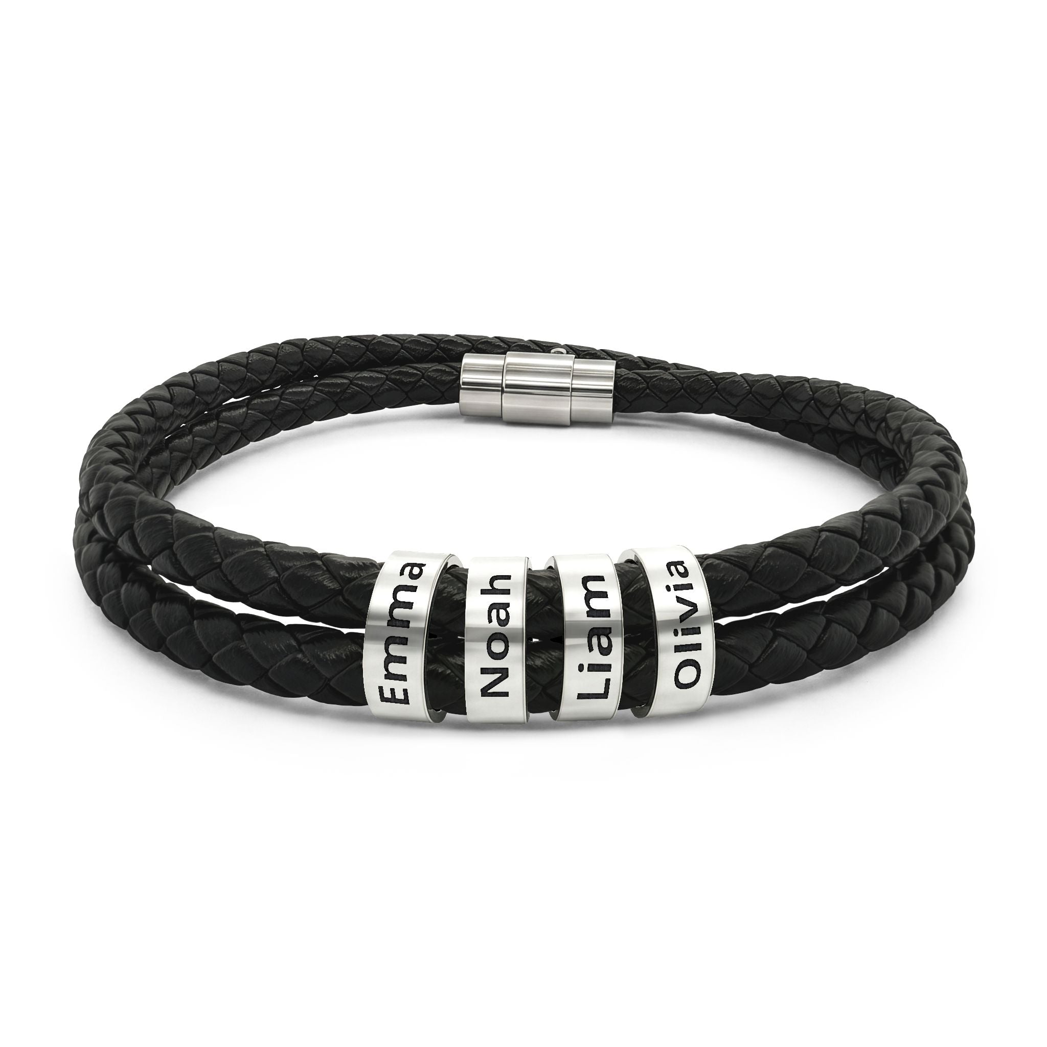 Personalized family leather bracelet with four kids names engraved
