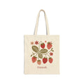 Personalized strawberry tote bag with name Hannah on natural canvas