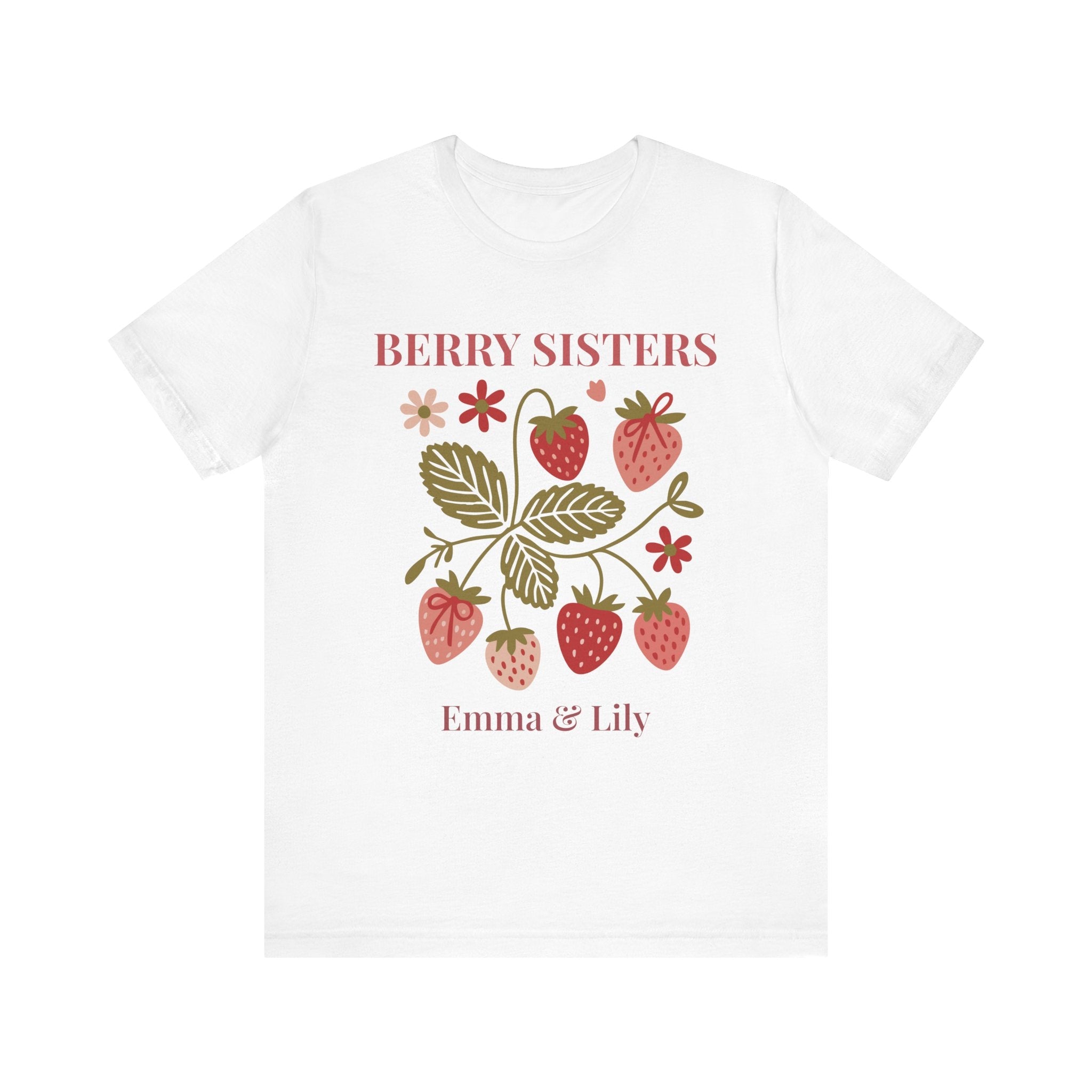 Berry Sisters personalized t-shirt with strawberry design and two custom names Emma and Lily