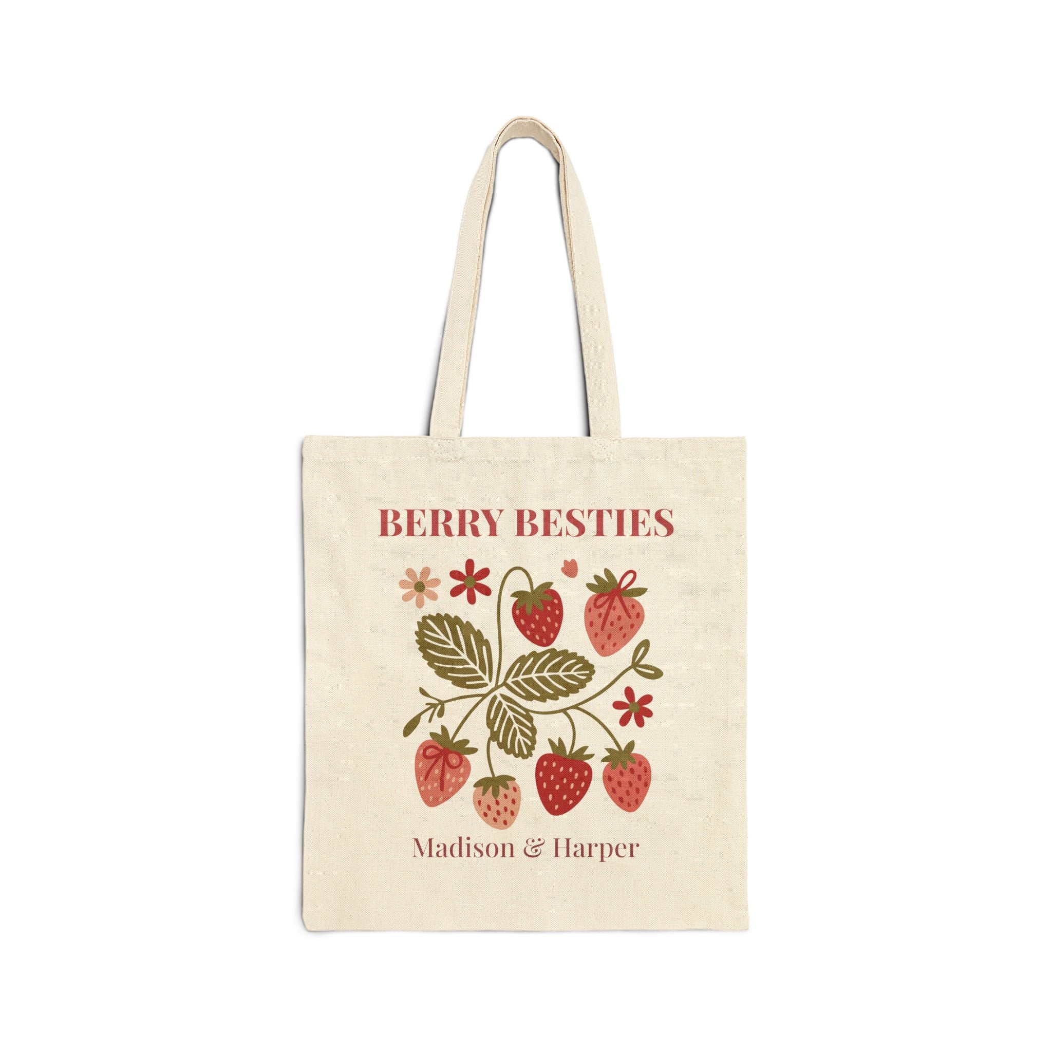 Berry Besties personalized tote bag with two custom names on natural canvas