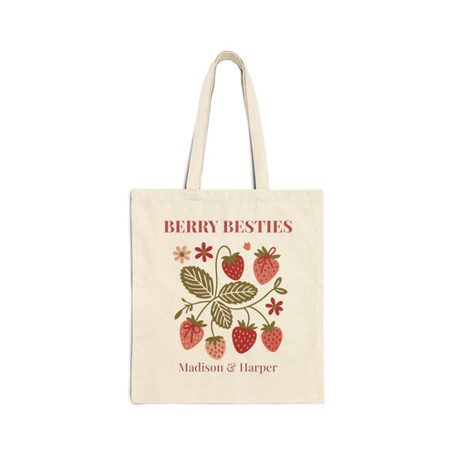 Berry Besties personalized tote bag with two custom names on natural canvas