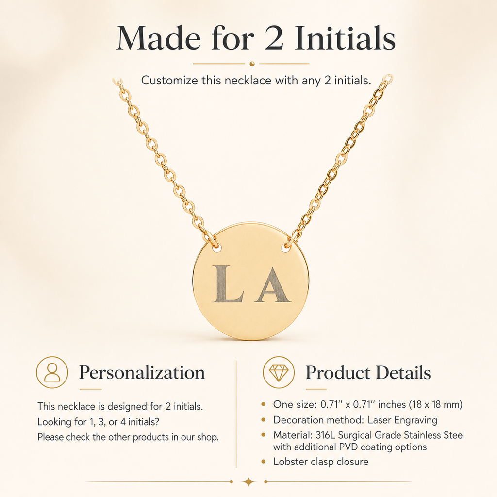 Engraved circle pendant necklace in 18K gold finish, perfect for layering or wearing solo
