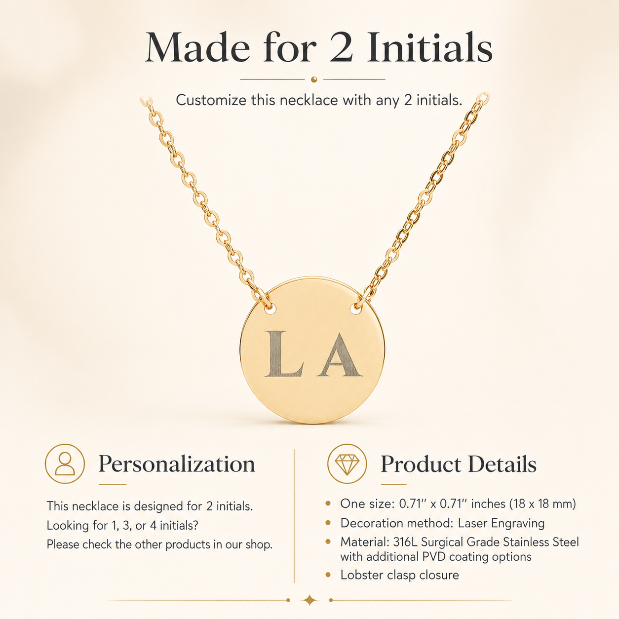 Engraved circle pendant necklace in 18K gold finish, perfect for layering or wearing solo