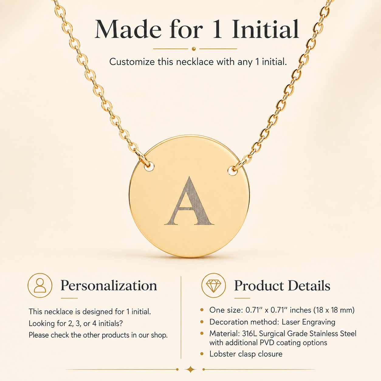 Minimalist gold initial necklace with single engraved letter, perfect for layering