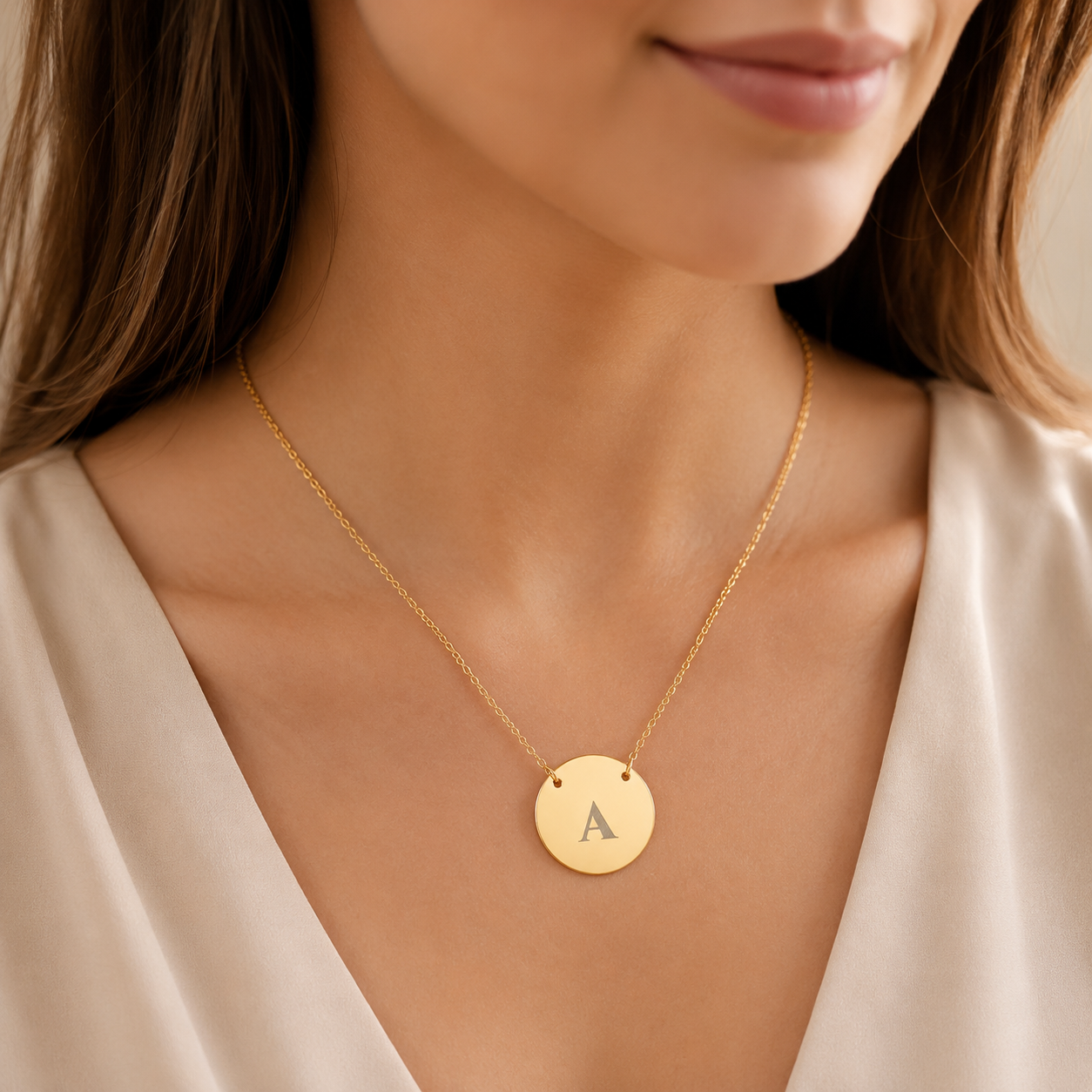 Close-up of laser-engraved single monogram letter on polished circular gold disc