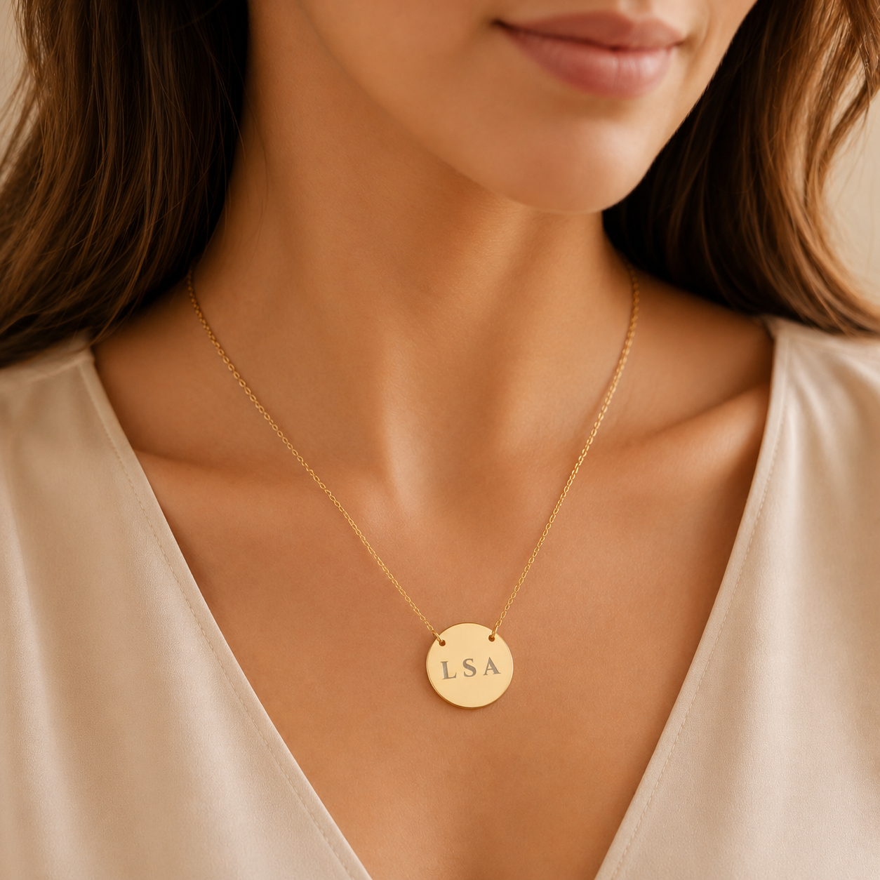 Close-up of laser-engraved monogram with three letters on polished circular gold disc