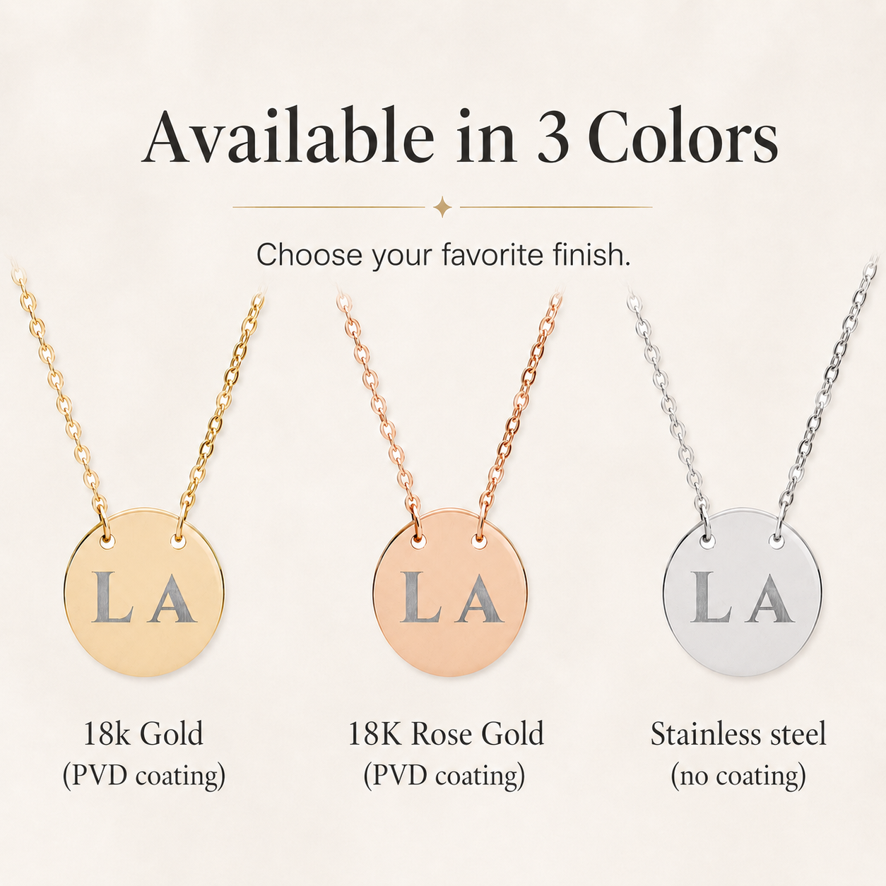 Delicate three-letter initial necklace displayed in lifestyle setting on blurred background