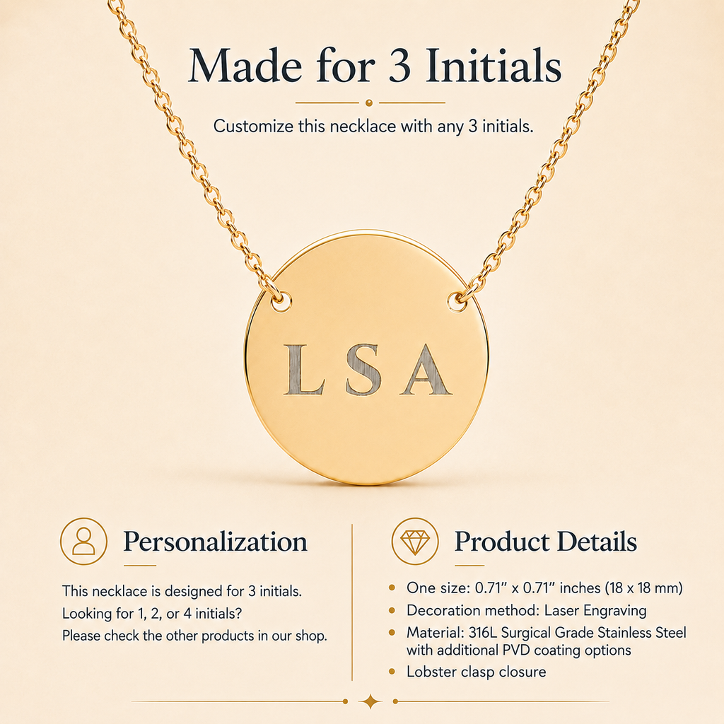 Gold monogram necklace with three custom engraved letters, shown with fine chain and clasp
