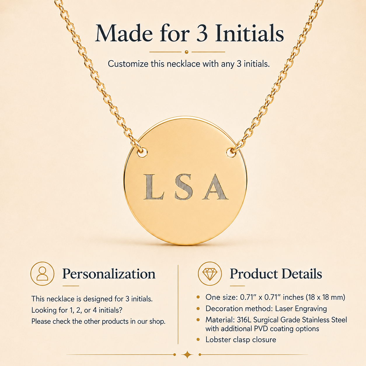 Gold monogram necklace with three custom engraved letters, shown with fine chain and clasp