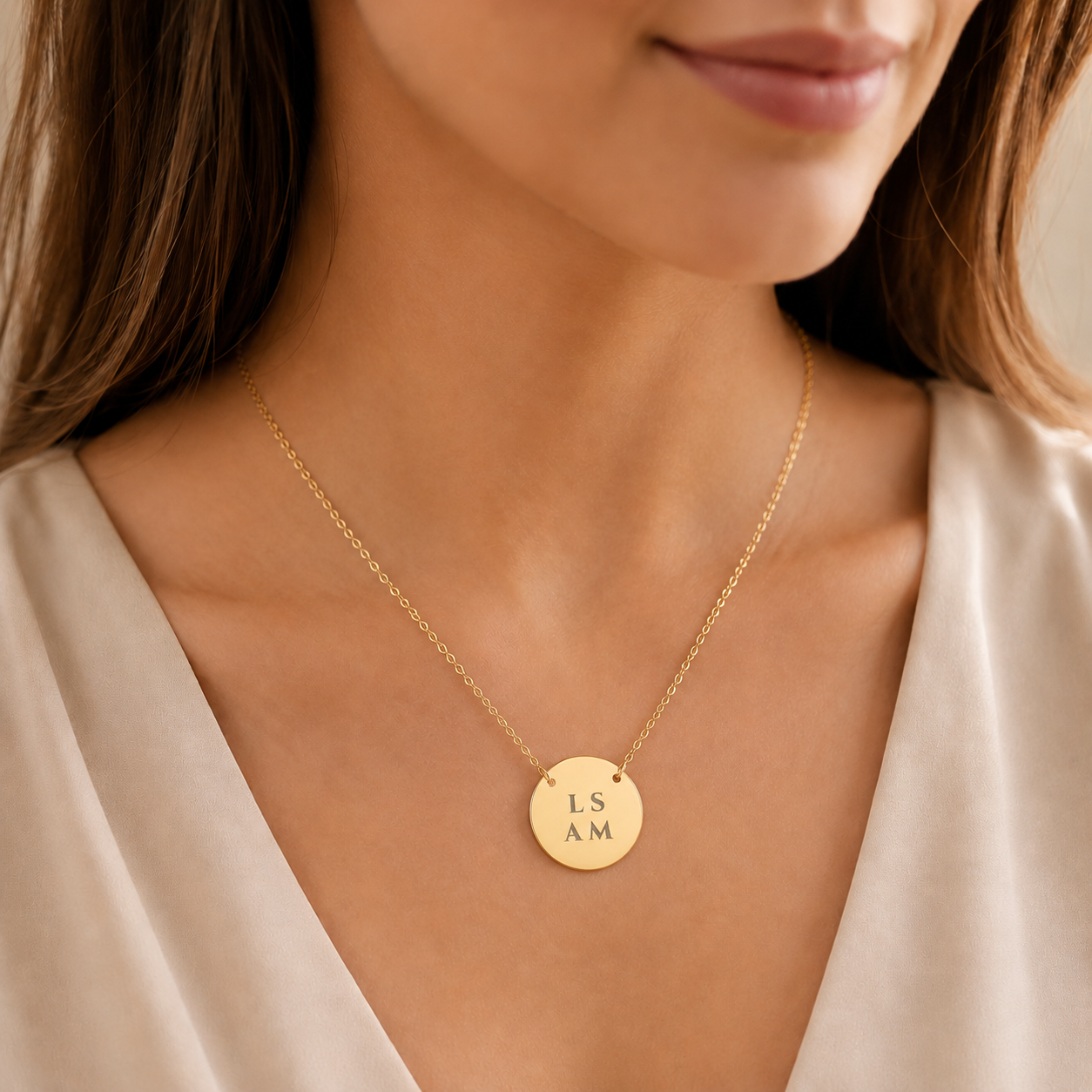 Close-up of laser-engraved custom names with spacing on polished circular gold disc pendant