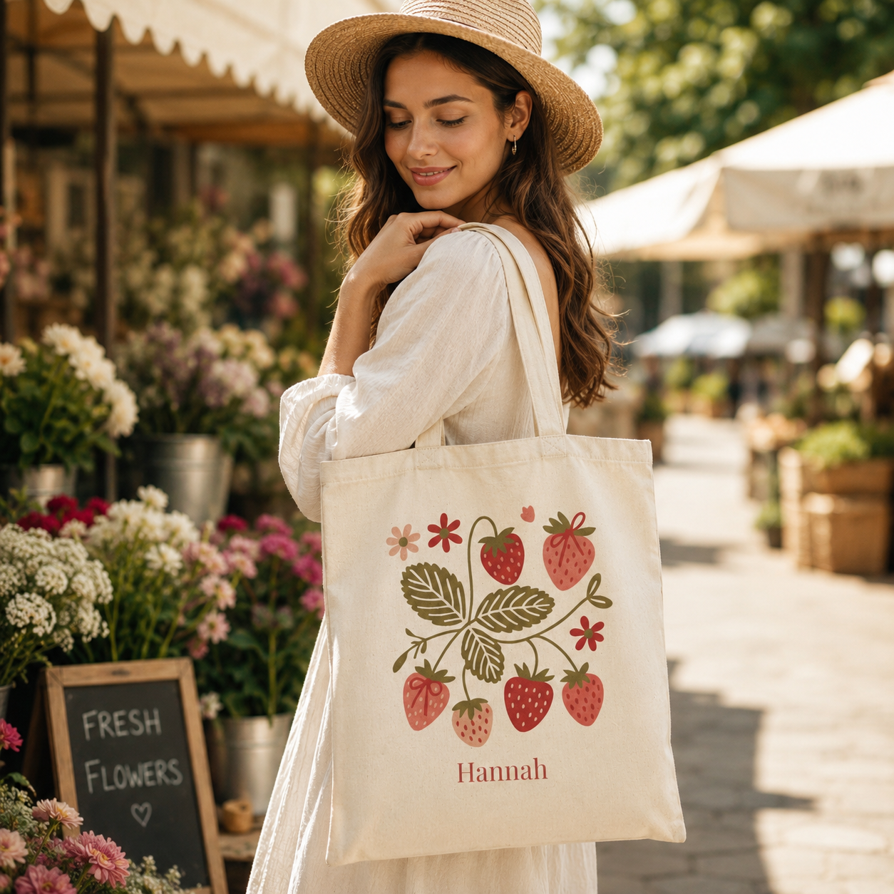 Strawberry garden tote bag shown in everyday use