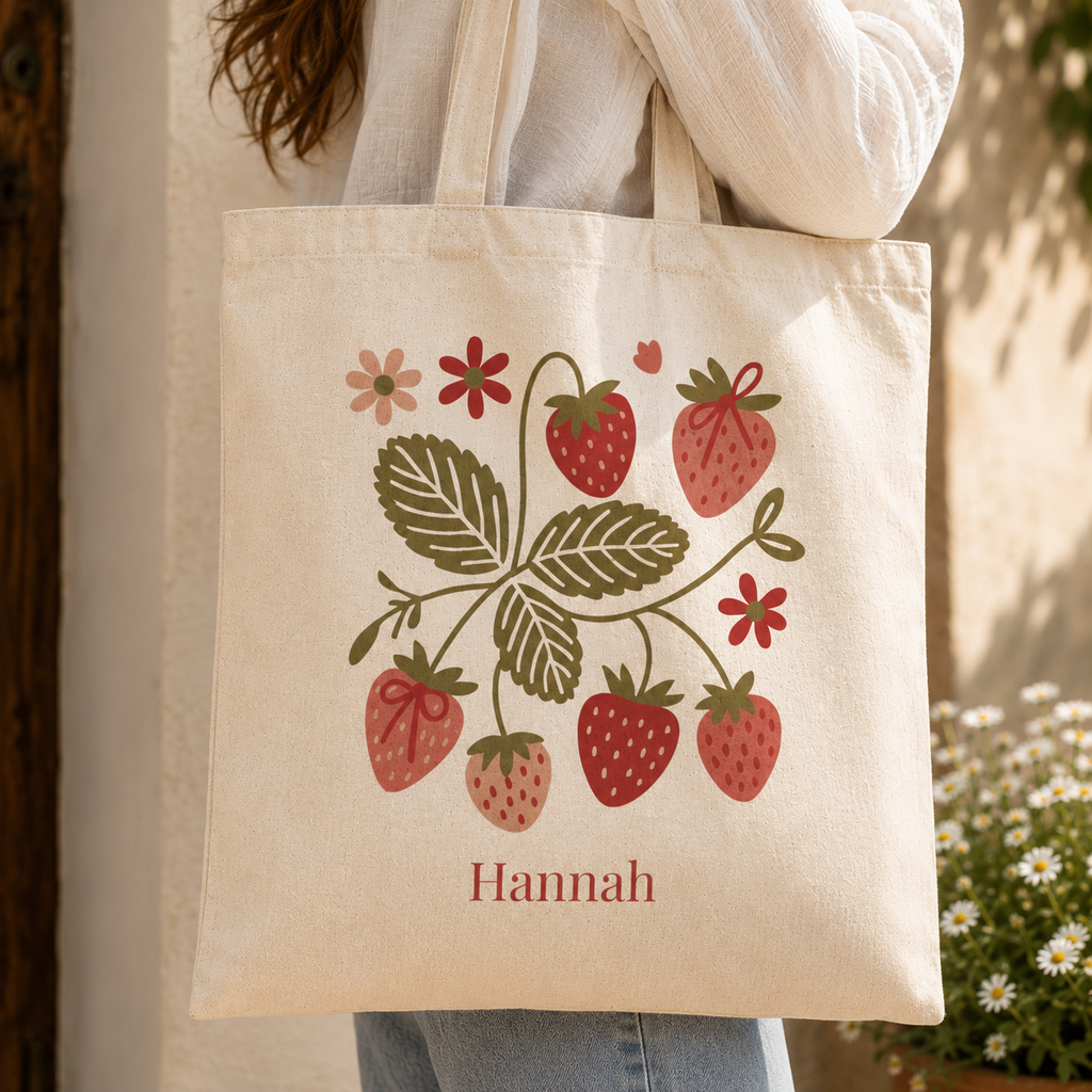 Close-up of strawberry print on personalized canvas tote