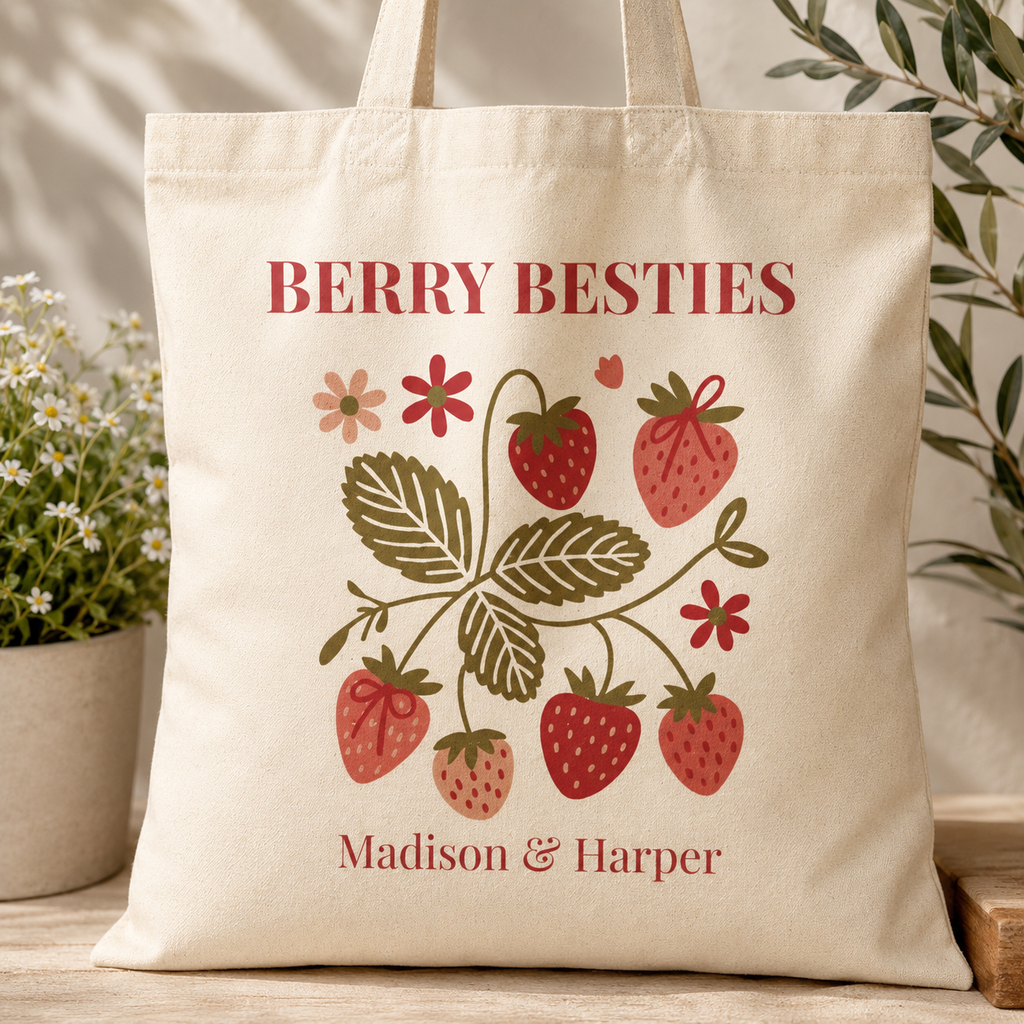 Close-up of strawberry design with custom names on best friends tote