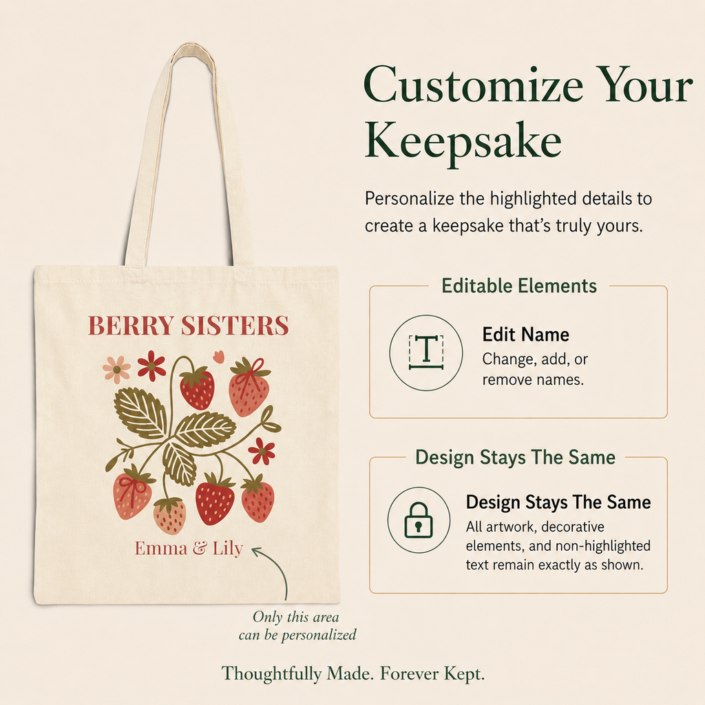 Personalized sister tote bag size and handle detail
