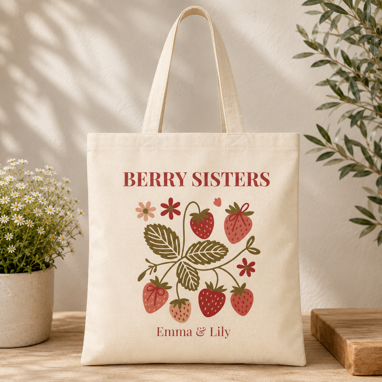 Close-up of strawberry design with sister names on personalized tote