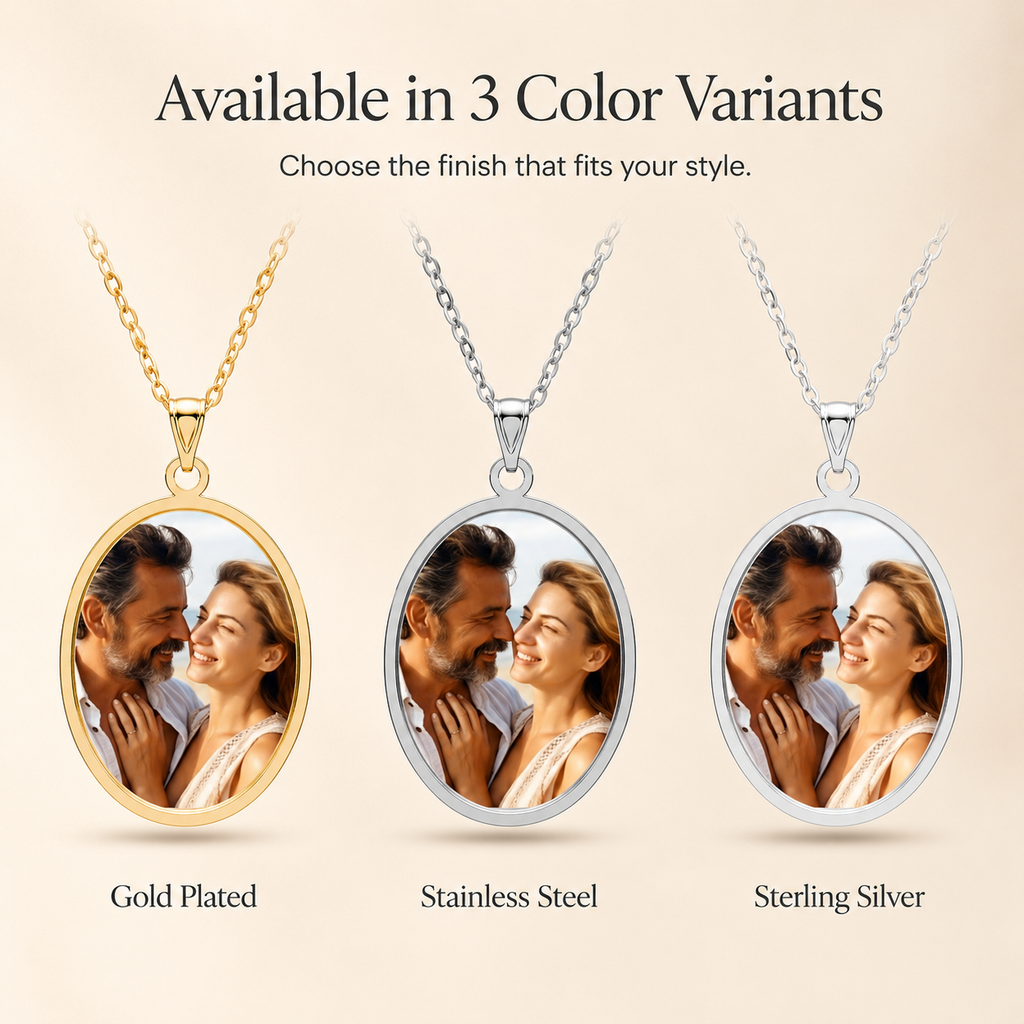 Photo memory pendant necklace displayed in lifestyle setting