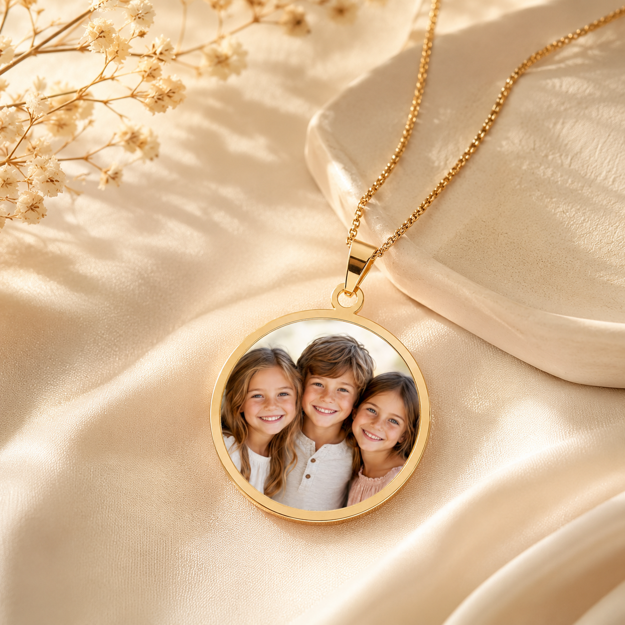 Close-up of personalized round photo pendant with image detail