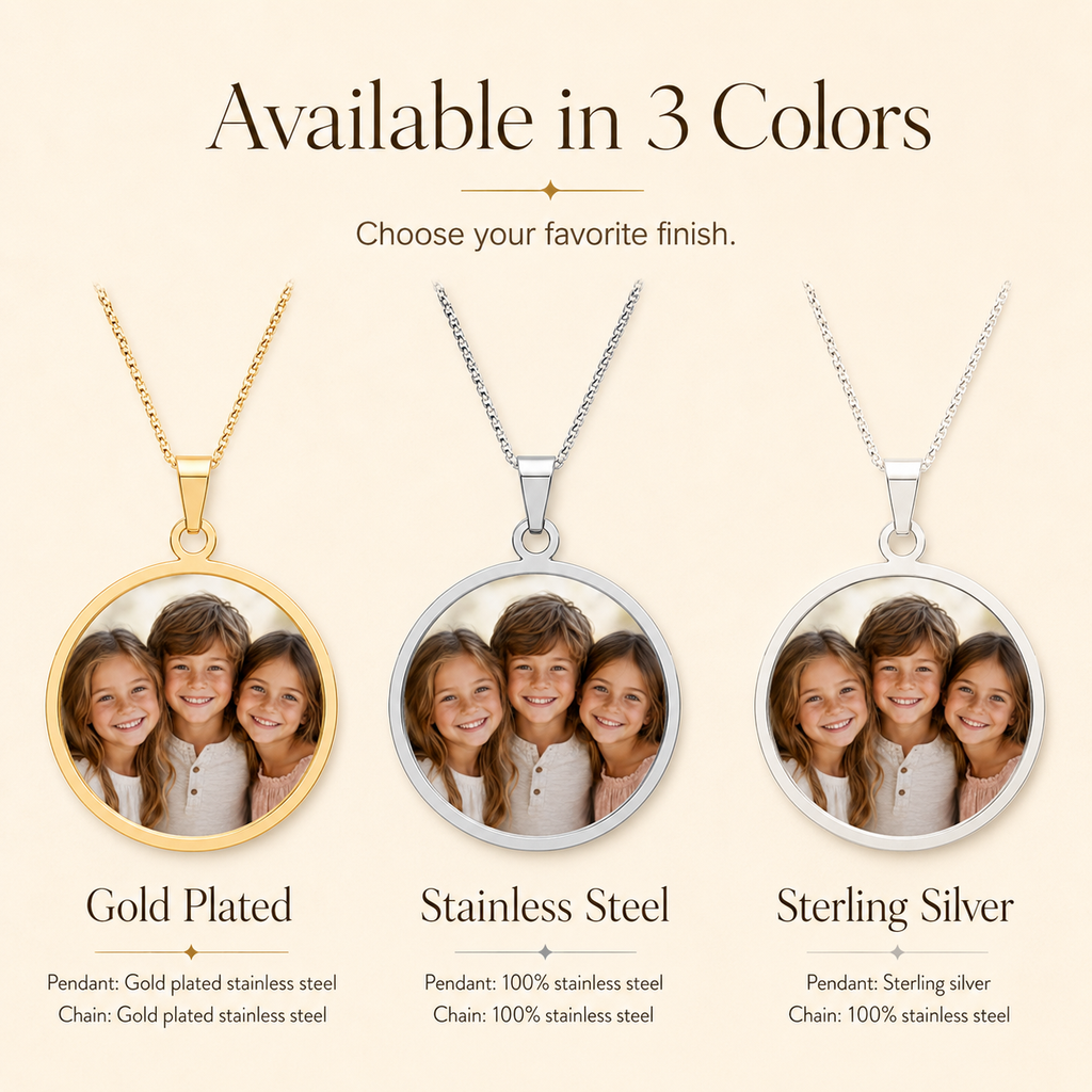 Round photo memory pendant necklace displayed in lifestyle setting
