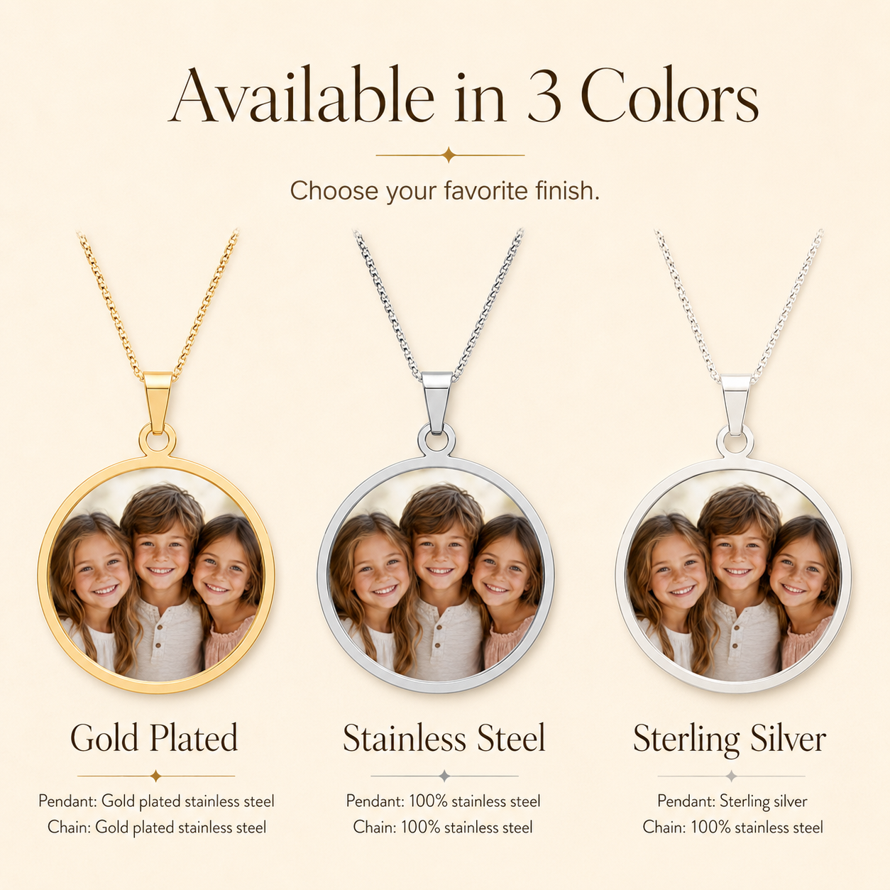 Round photo memory pendant necklace displayed in lifestyle setting