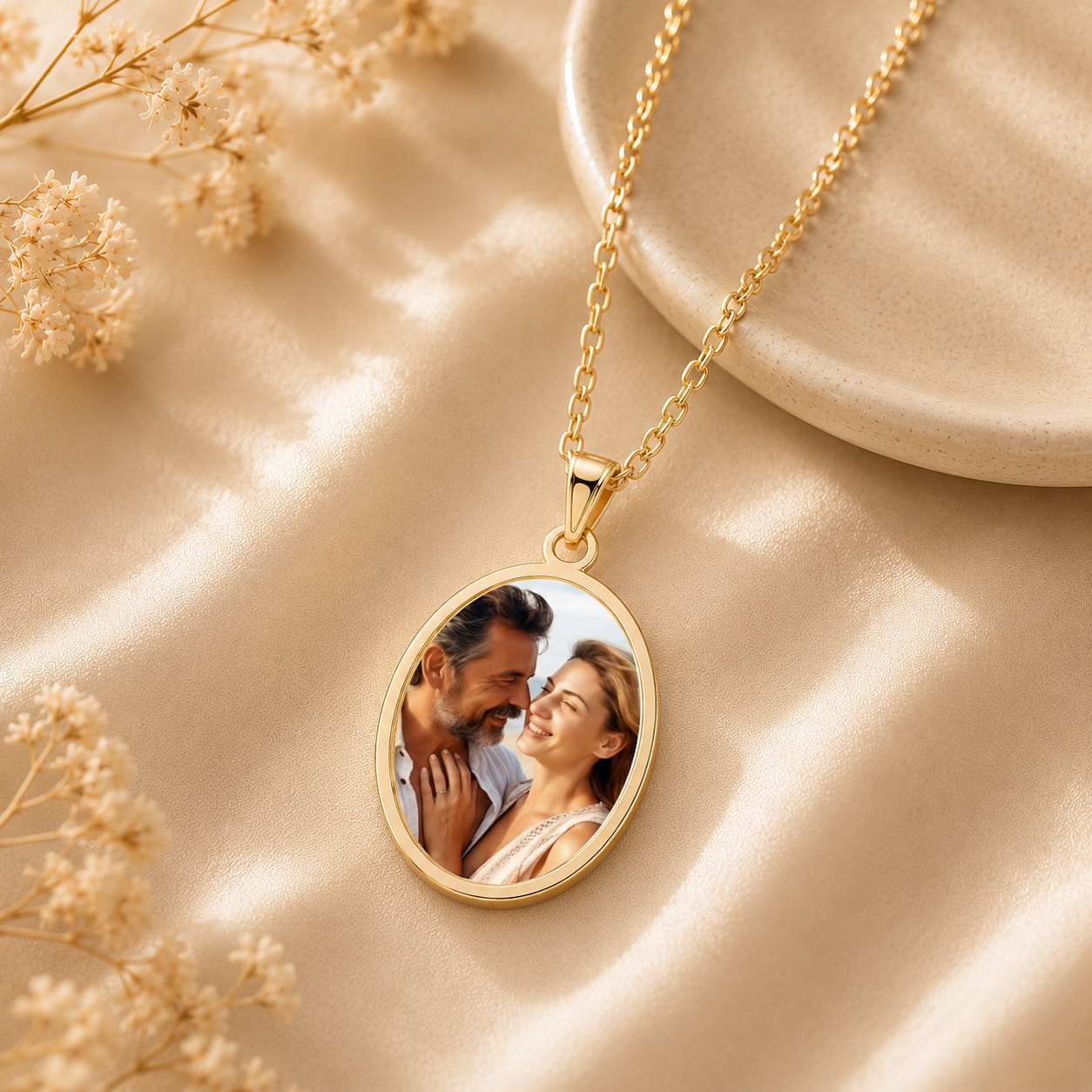 Close-up of personalized oval photo pendant with couple portrait