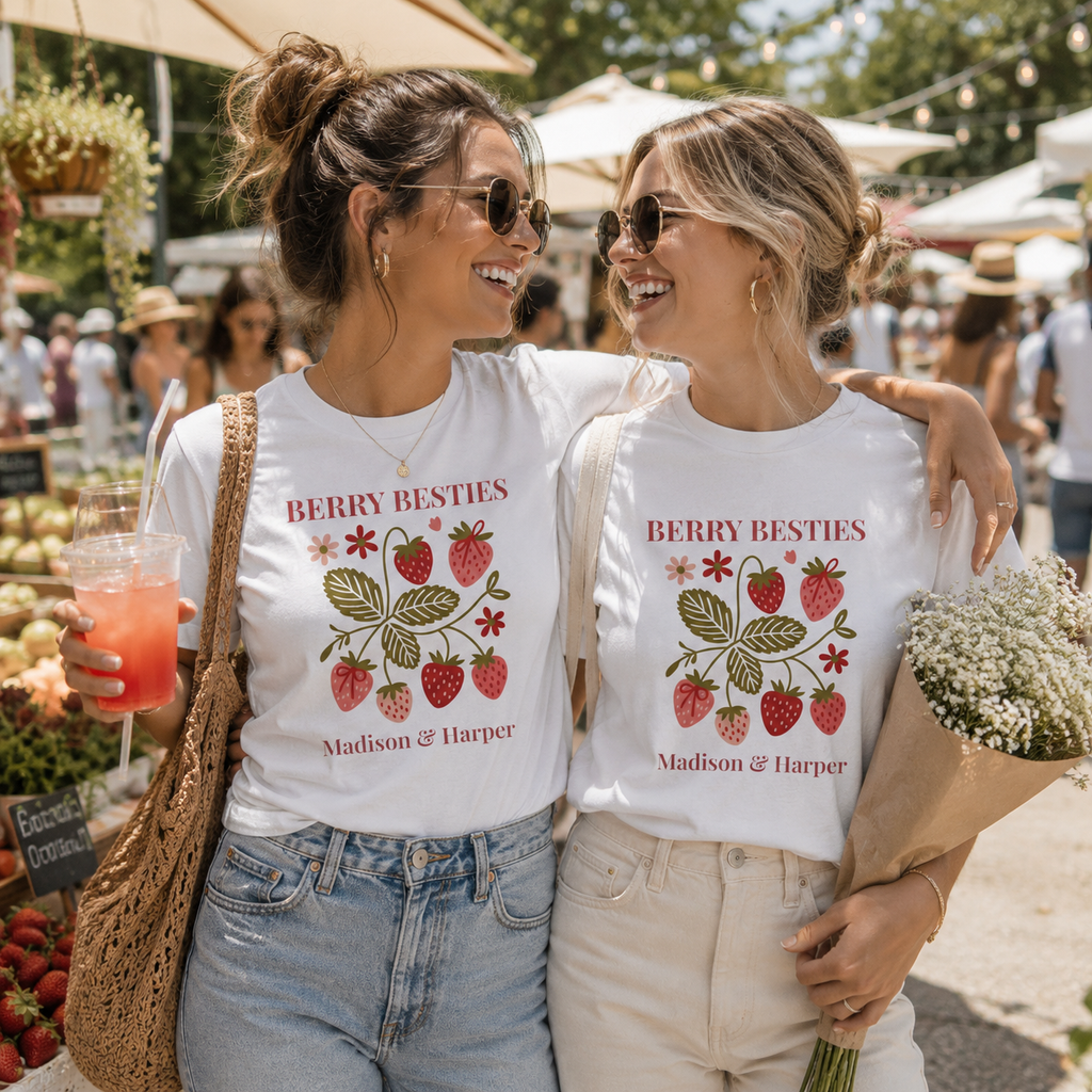 Berry Besties friendship t-shirt front design with botanical strawberries