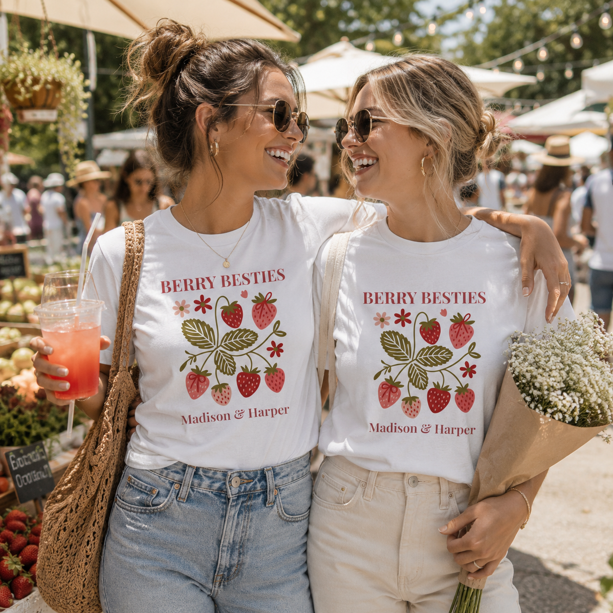 Berry Besties friendship t-shirt front design with botanical strawberries