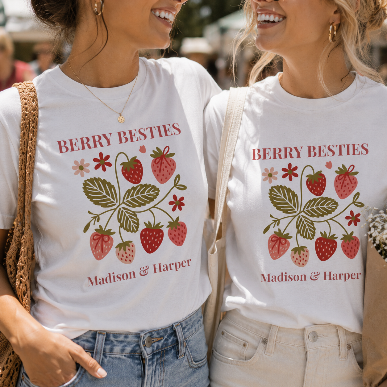 Close-up of personalized names on Berry Besties t-shirt