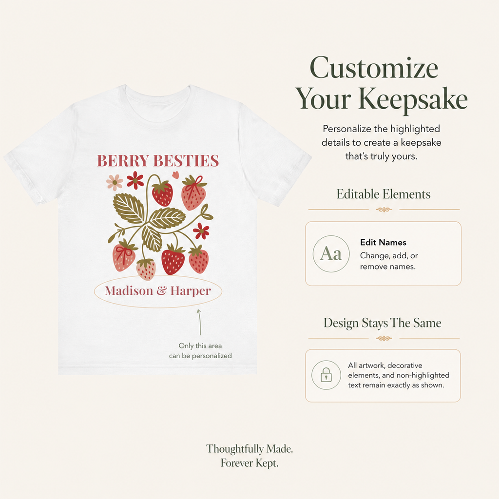 Strawberry botanical print detail on personalized friendship shirt
