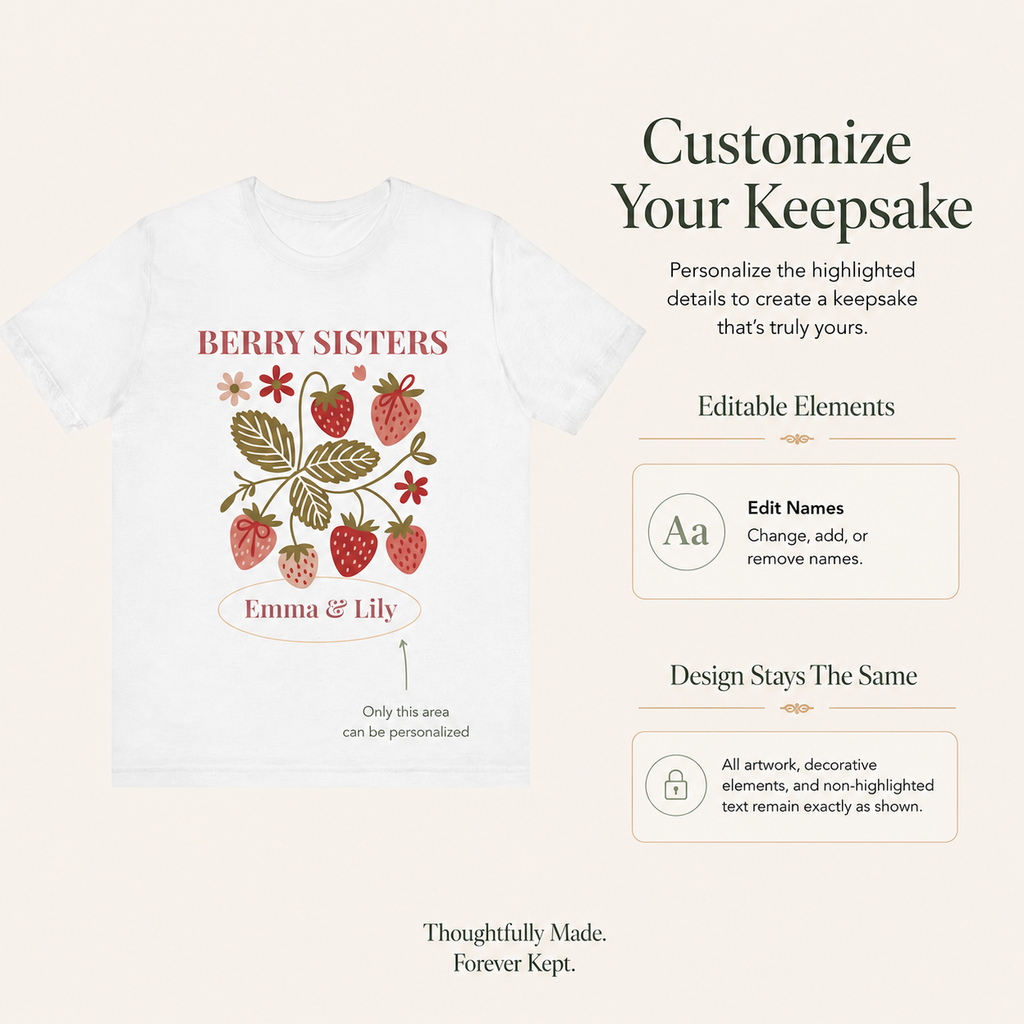 Strawberry botanical print detail on personalized sister shirt