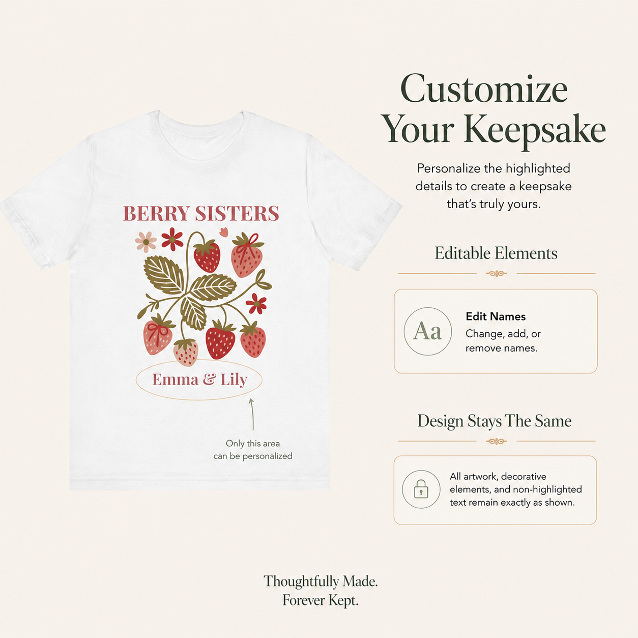Strawberry botanical print detail on personalized sister shirt