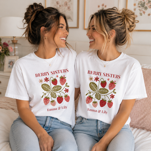 Berry Sisters sibling t-shirt front design with botanical strawberries