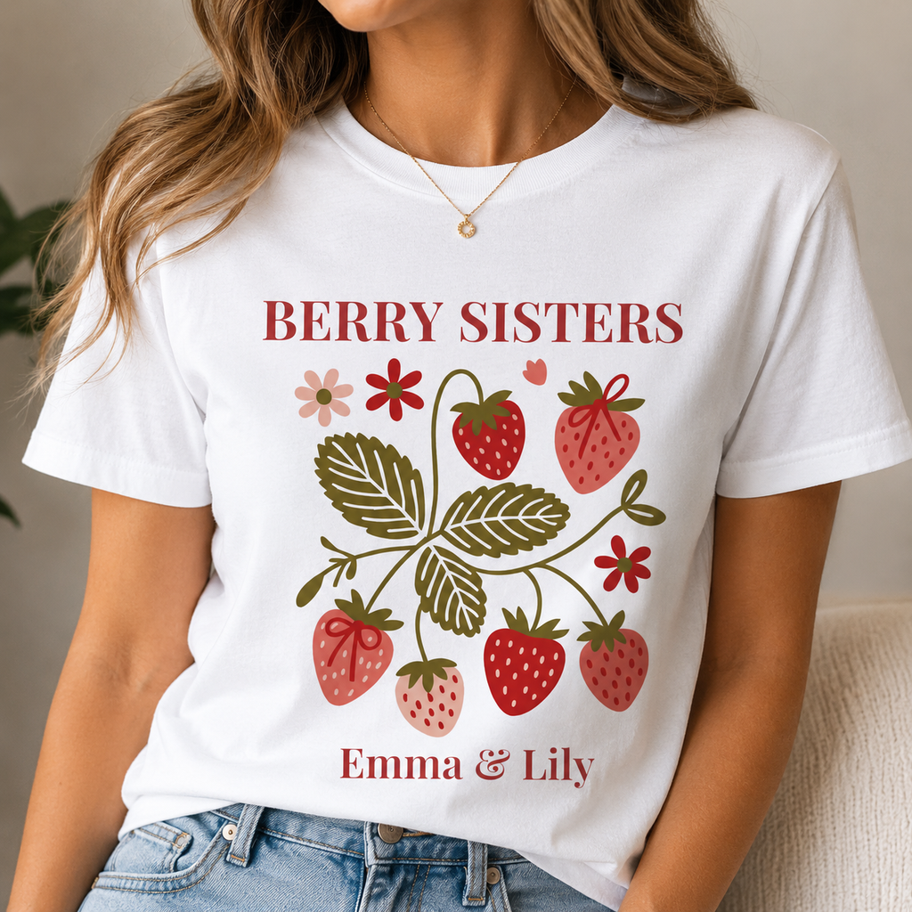 Close-up of personalized sister names on Berry Sisters t-shirt
