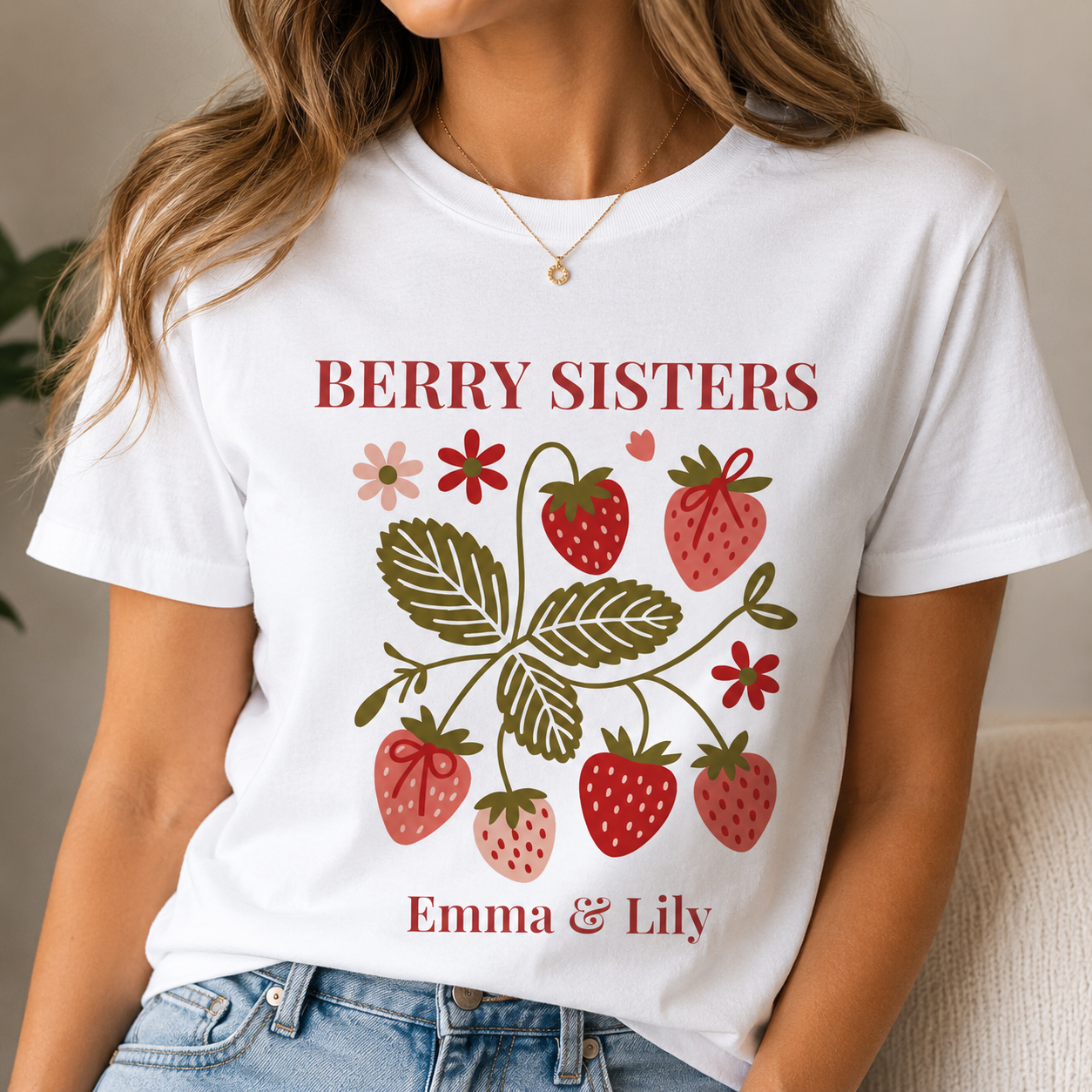 Close-up of personalized sister names on Berry Sisters t-shirt