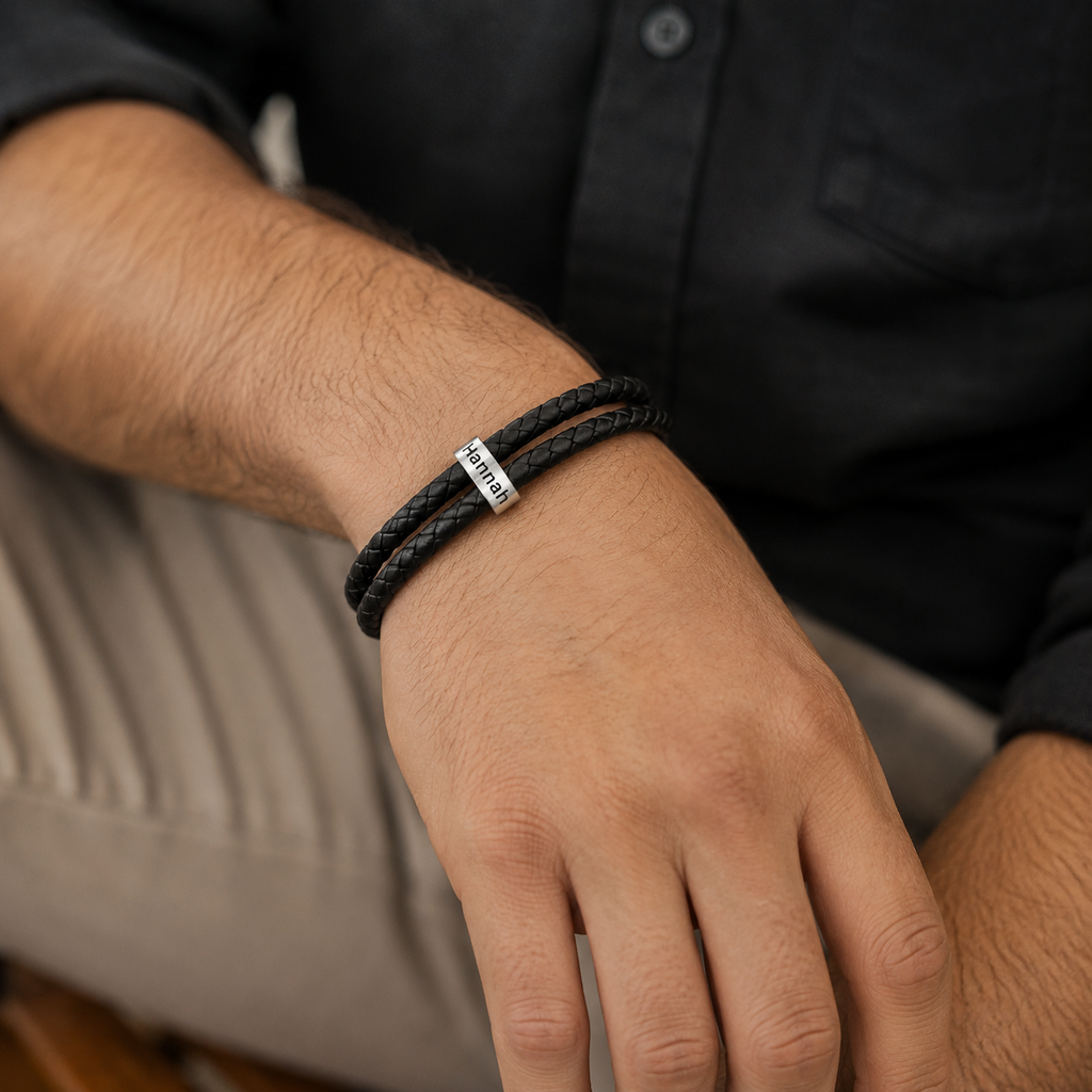 Custom name leather bracelet with magnetic stainless steel clasp