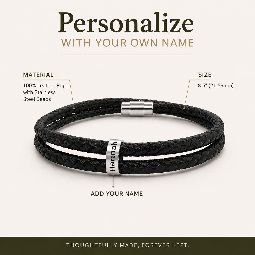 Personalized name bracelet worn on wrist in lifestyle setting