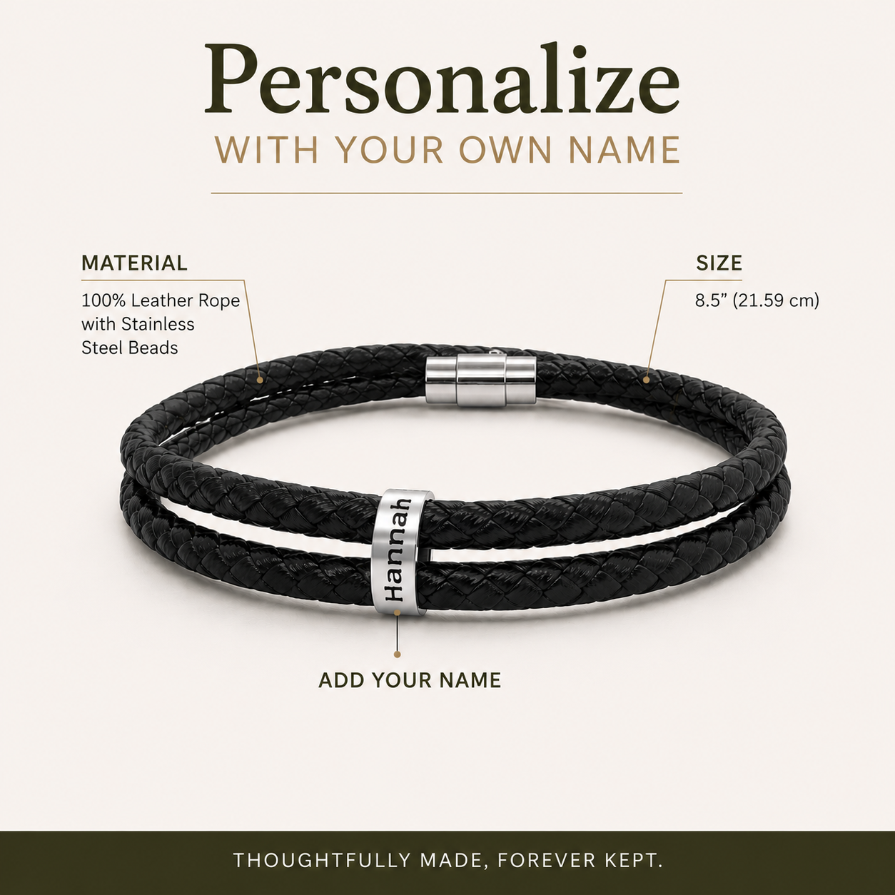 Personalized name bracelet worn on wrist in lifestyle setting