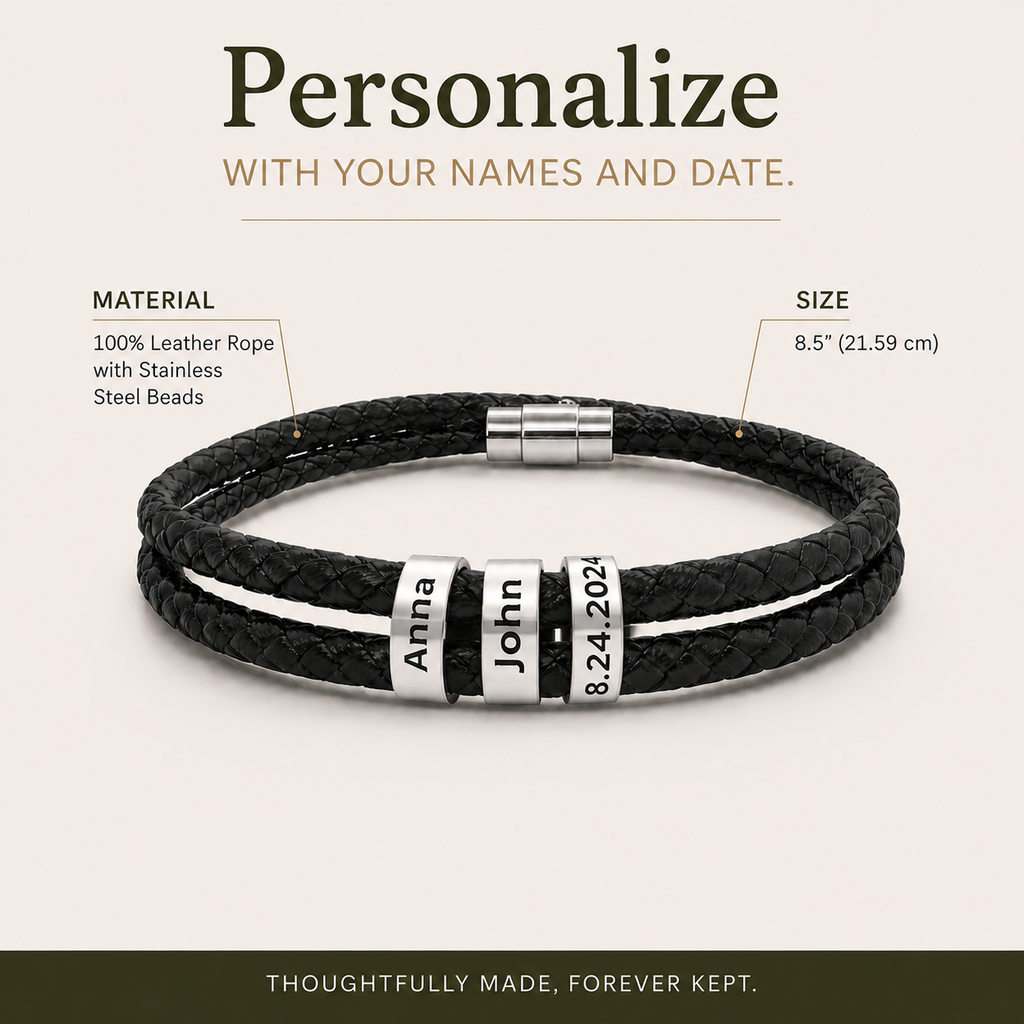Couple leather bracelet with date worn on wrist in lifestyle setting