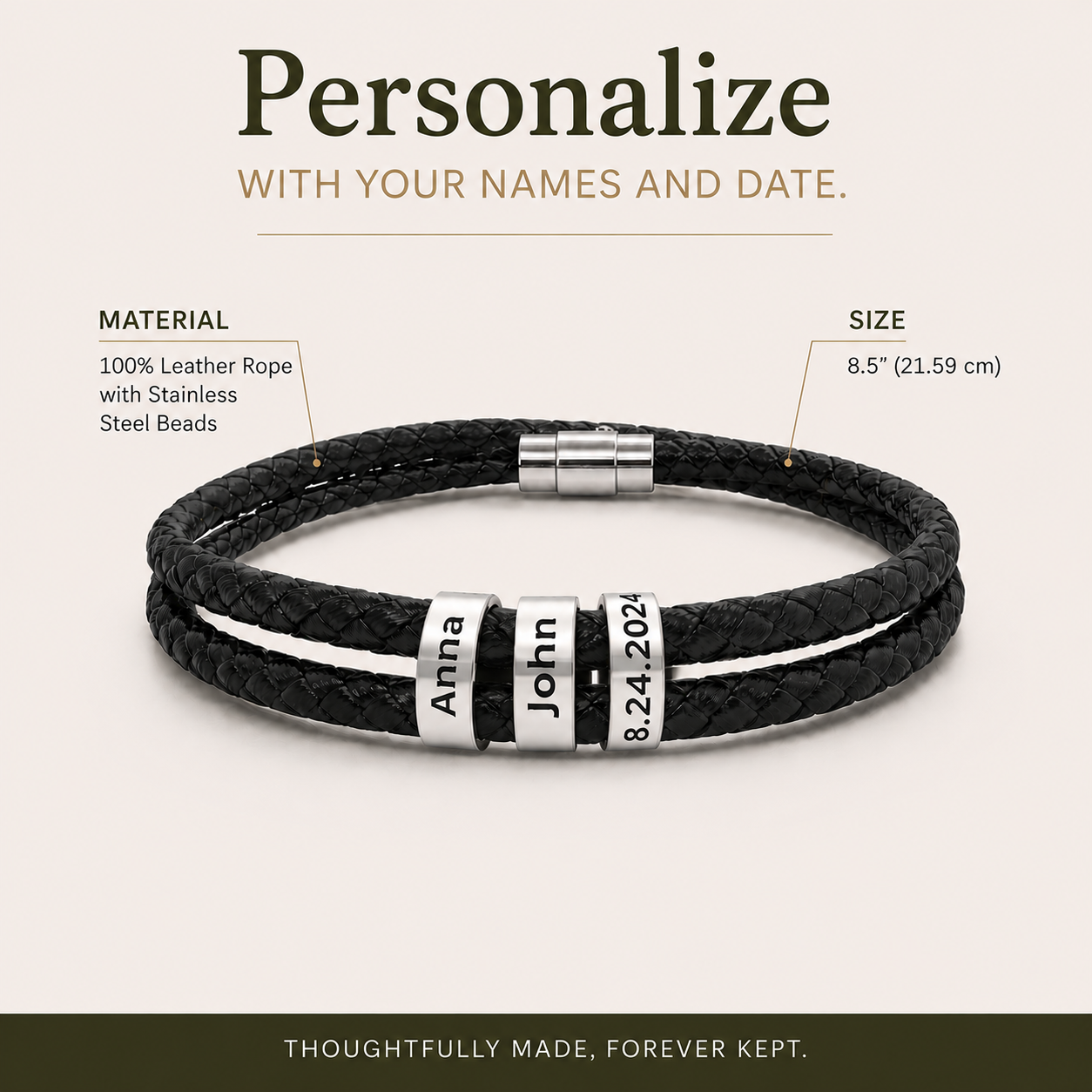 Couple leather bracelet with date worn on wrist in lifestyle setting