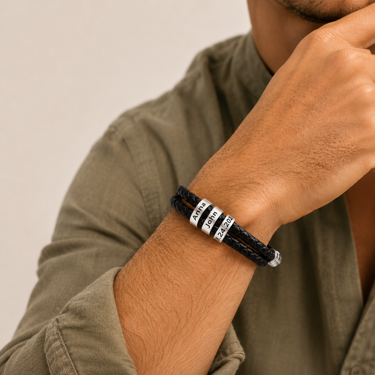 Couple bracelet with custom names and anniversary date on black leather