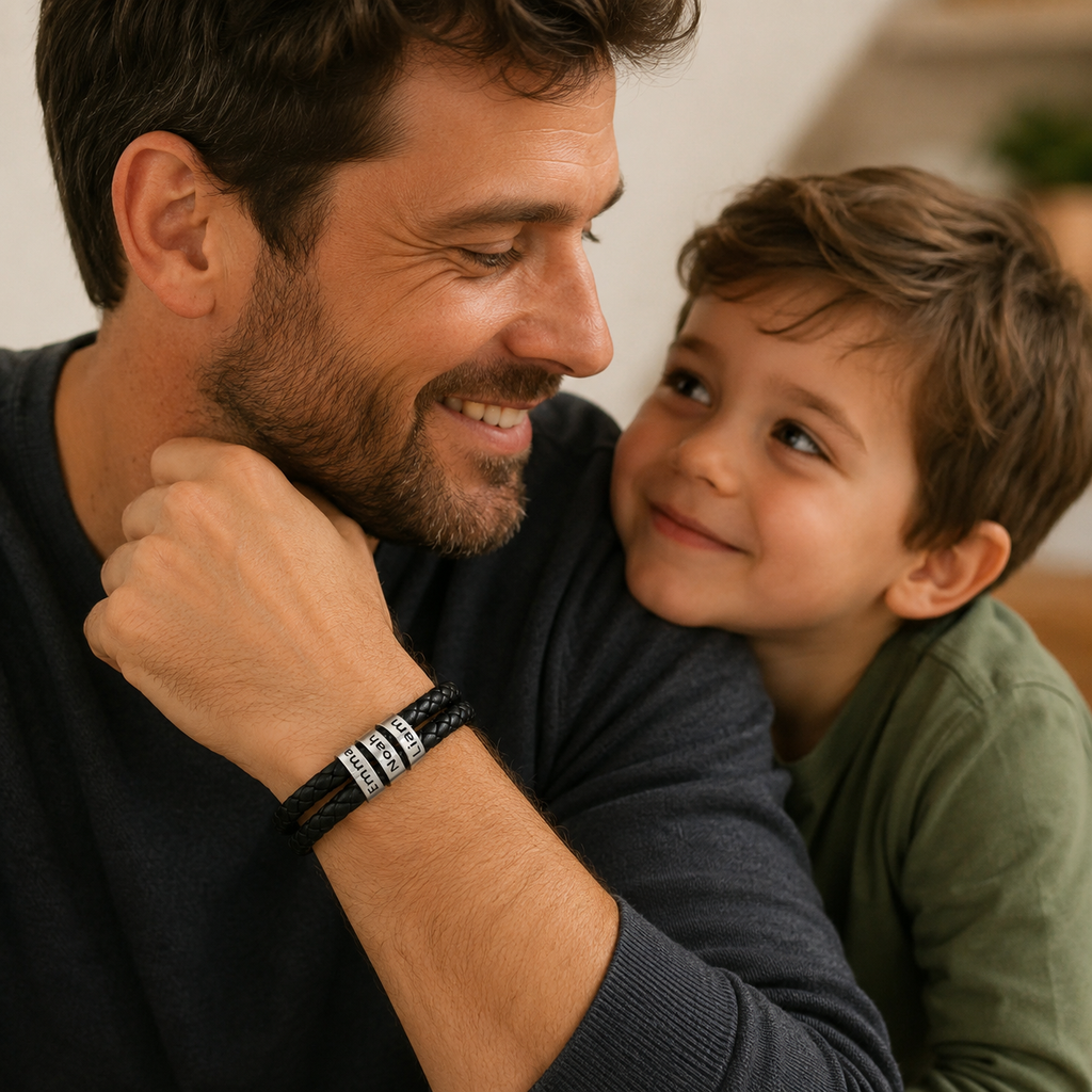 Family bracelet with three children names on black braided leather