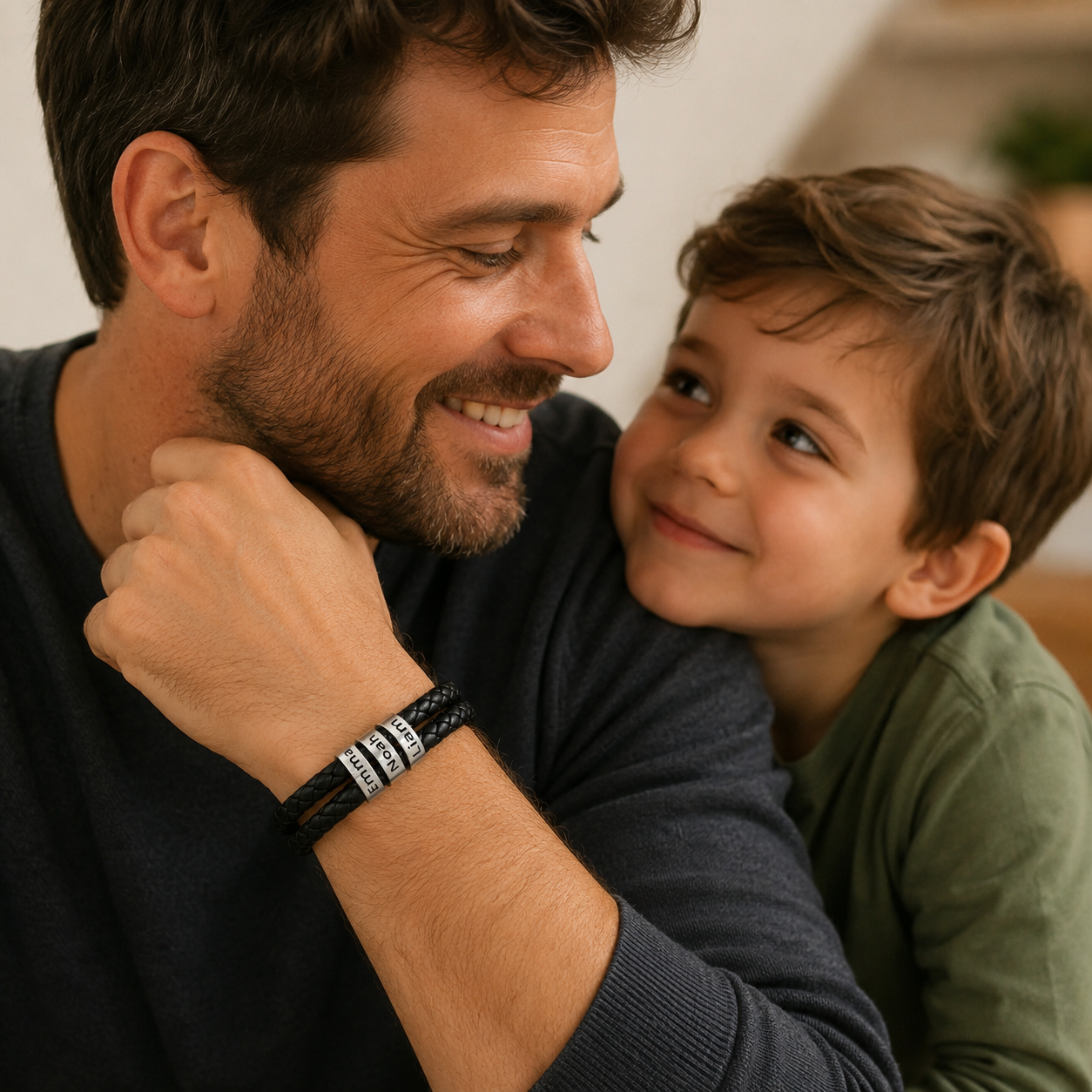 Family bracelet with three children names on black braided leather