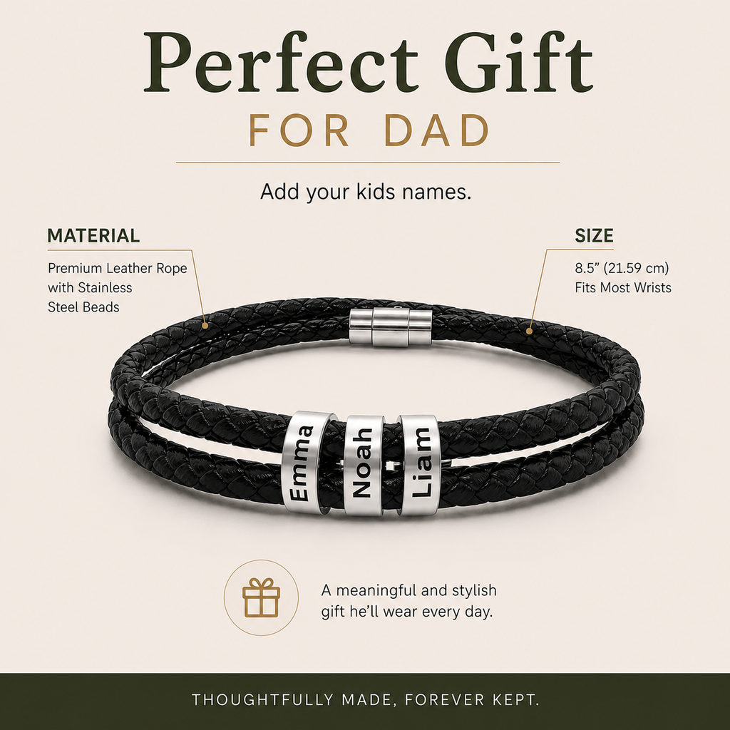 Three kids names family bracelet worn on wrist in lifestyle setting