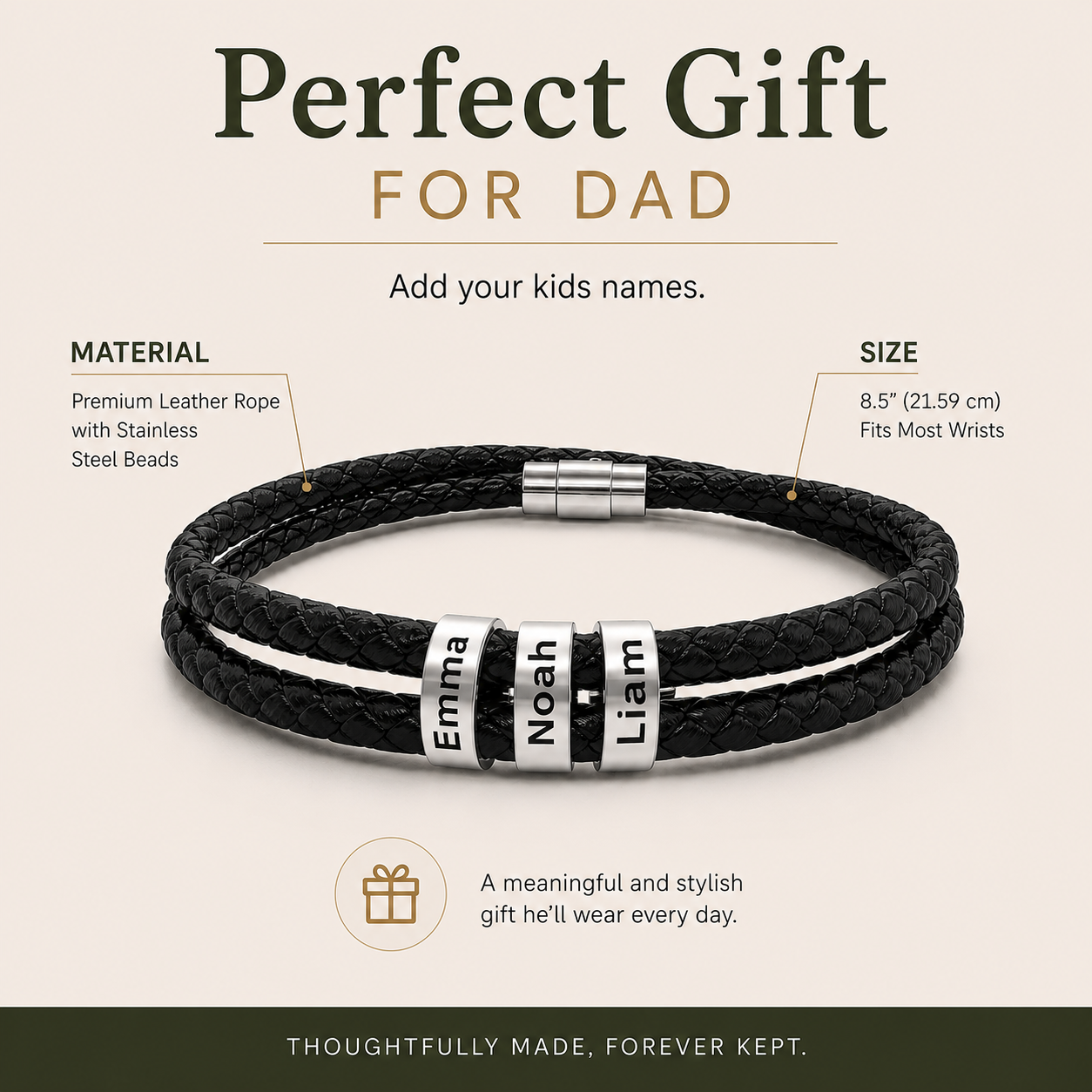 Three kids names family bracelet worn on wrist in lifestyle setting