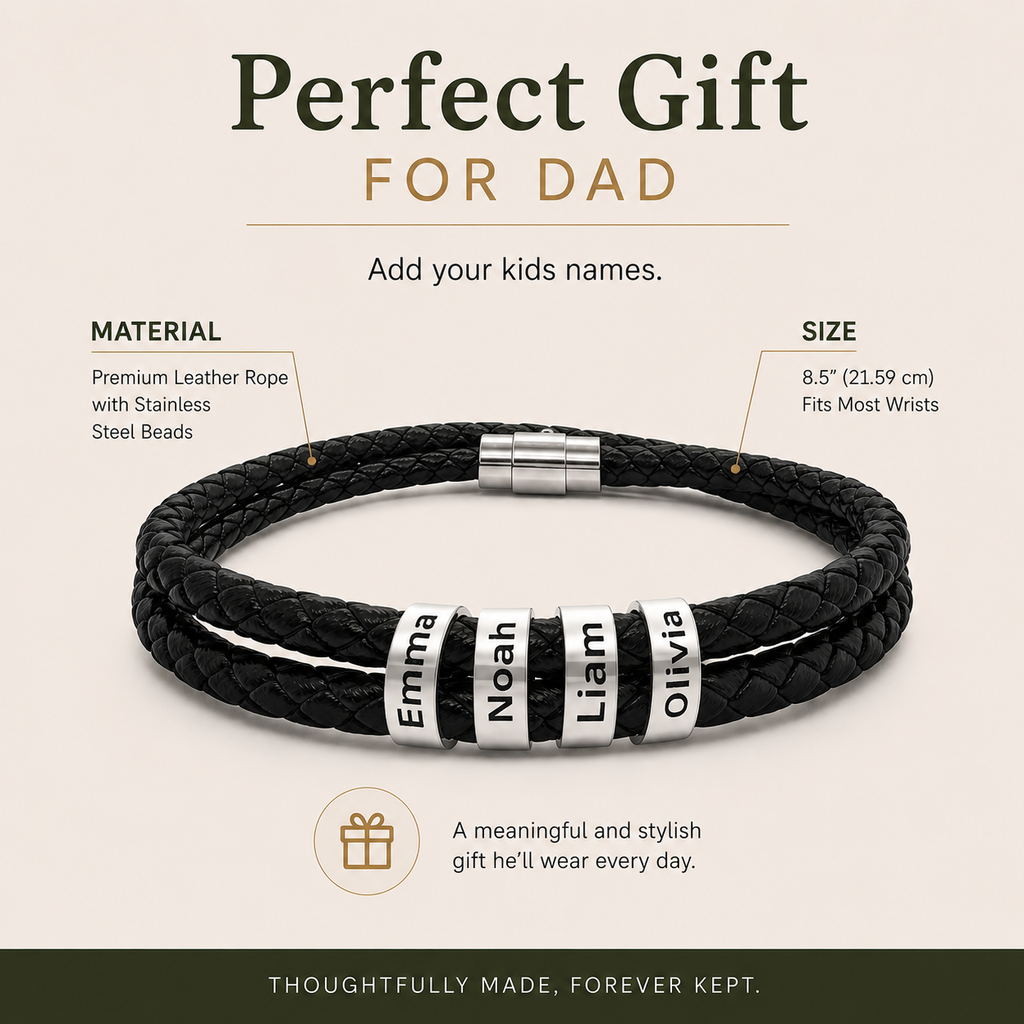 Four kids names family bracelet worn on wrist in lifestyle setting