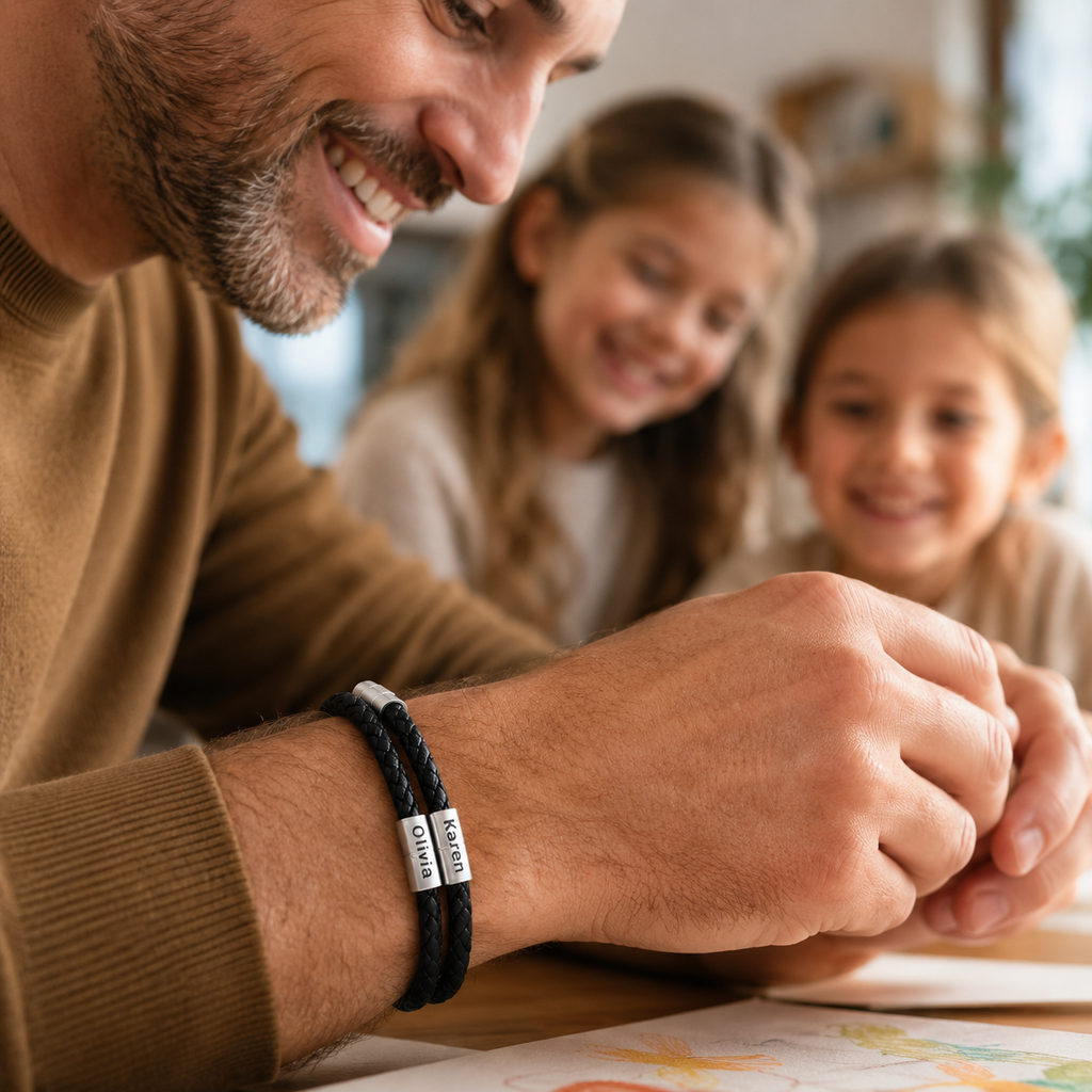 Twins bracelet with two children names on black braided leather