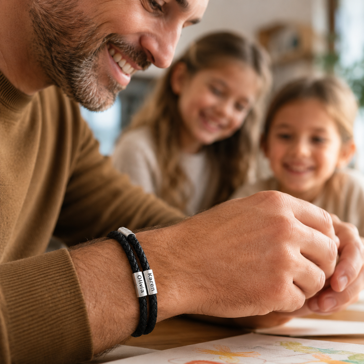 Twins bracelet with two children names on black braided leather