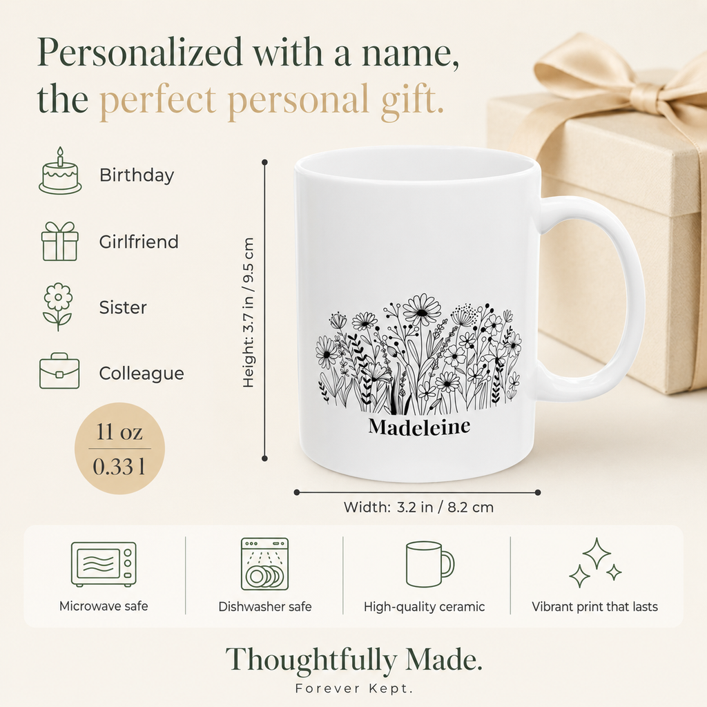 Line-Drawn Wildflower Mug with Name
