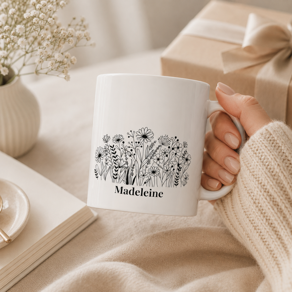 Line-Drawn Wildflower Mug with Name