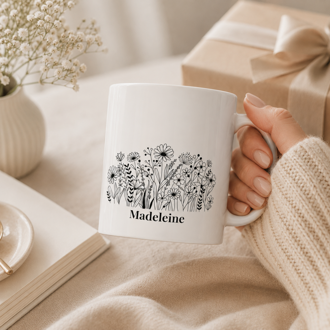 Line-Drawn Wildflower Mug with Name